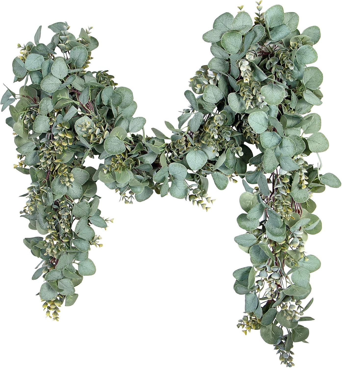 Ouddy Decor Eucalyptus Garland 6.56 Ft Lush Silver Dollar Leaves Boxwood Artificial Faux Greenery Vines for Baby Shower Wedding Party Table Runner Room Home Mantle Decor