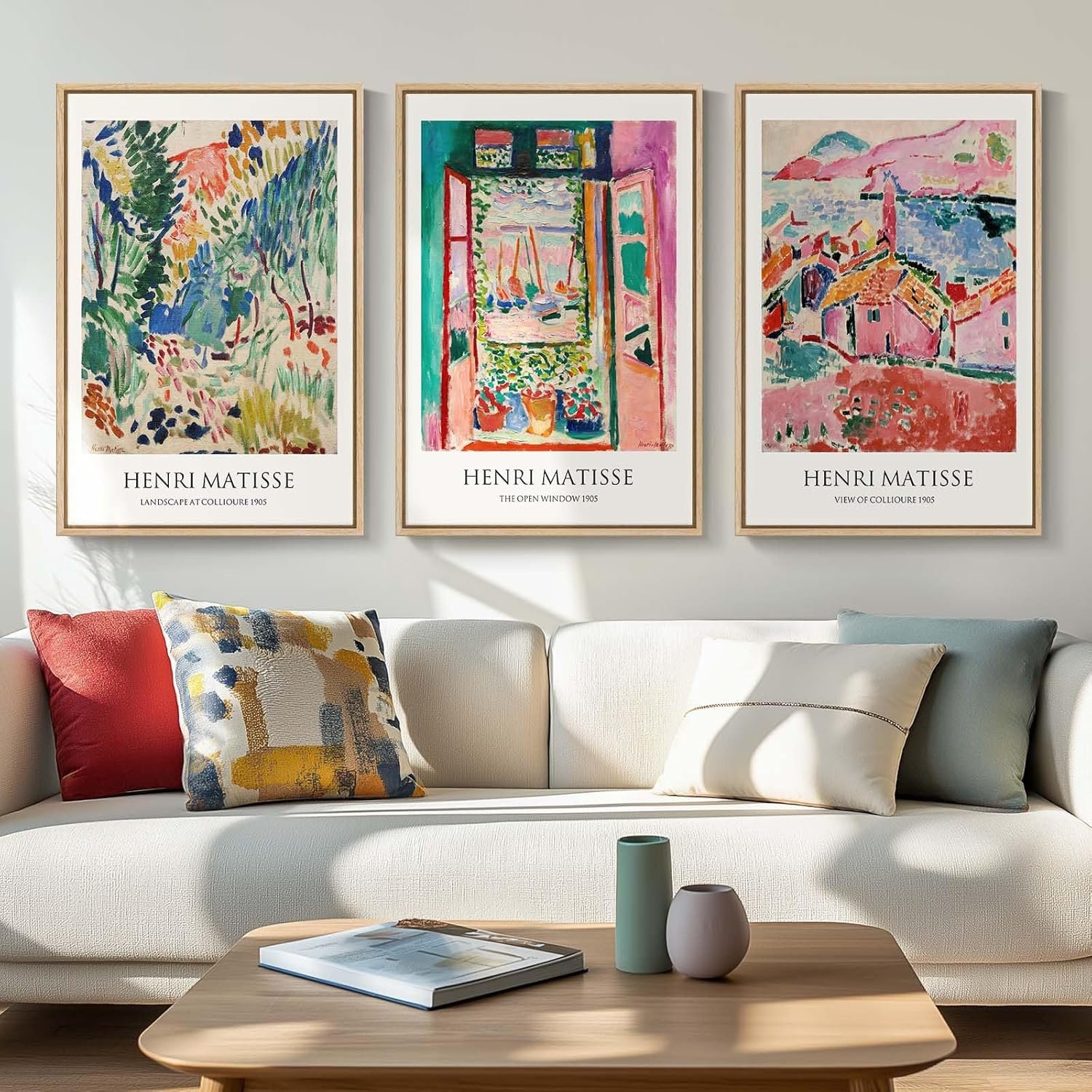 Framed Vintage Matisse Wall Art, Large Set of 3 Piece Colorful Canvas Artwork for Walls, Matisse Retro Landscape Paintings Prints Pictures for Living Room Bedroom Hallway Office Wall Decor 16×24