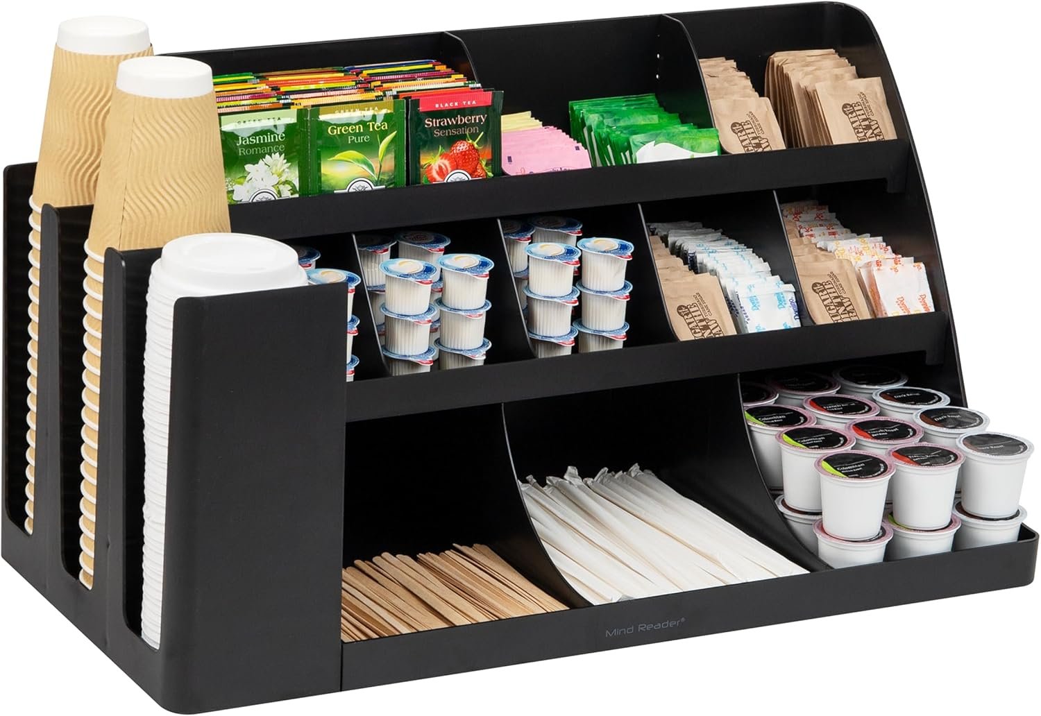 Mind Reader Cup and Condiment Station, Countertop Organizer, Coffee Bar, Kitchen, Stirrers, Black