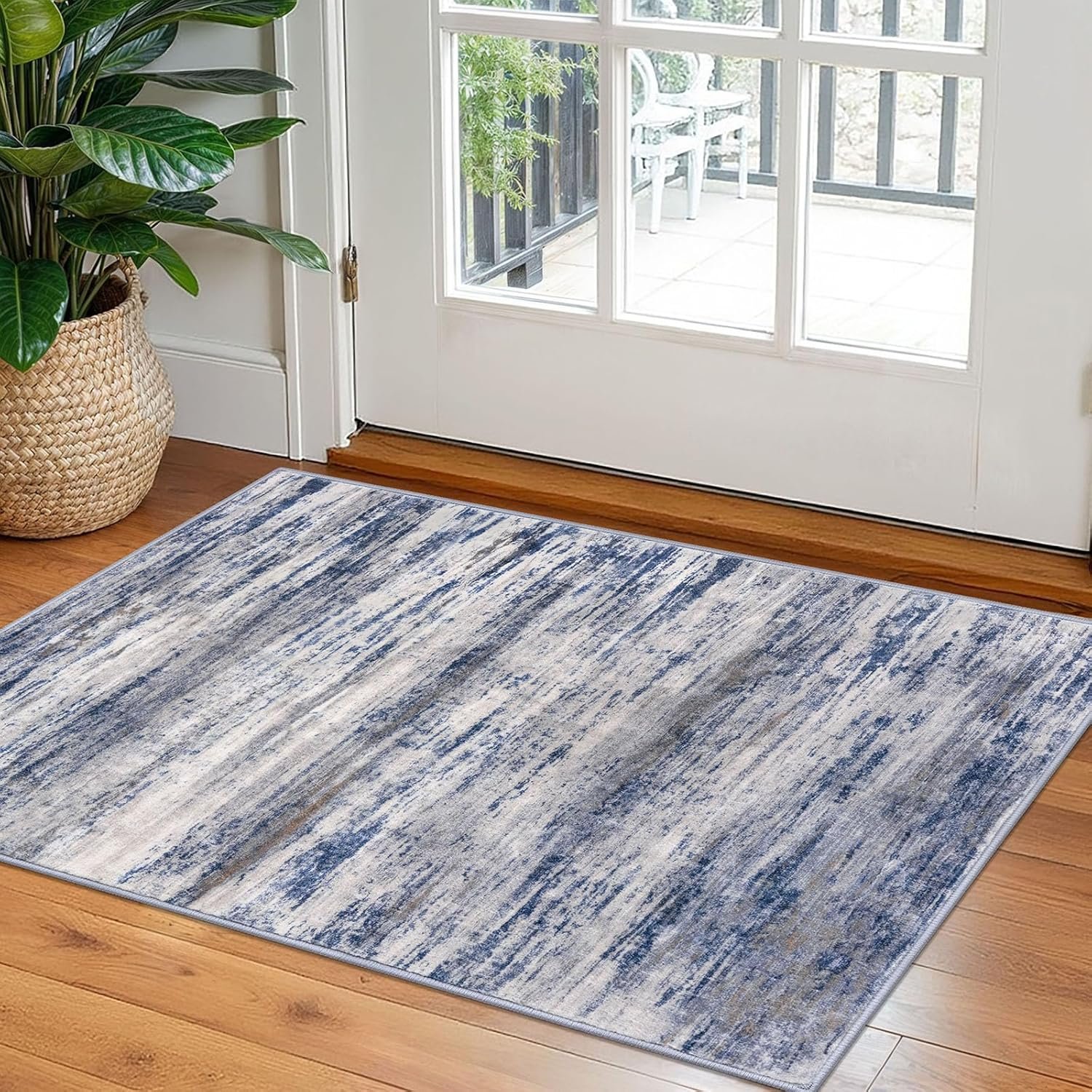 KOZYFLY Modern Abstract Rugs for Entryway 2×3, Washable Kitchen Rug Non-Slip Soft Small Area Rug, Grey-Blue Striped Throw Rugs Faux Wool Doormat for Bedside Entrance Bathroom Sink