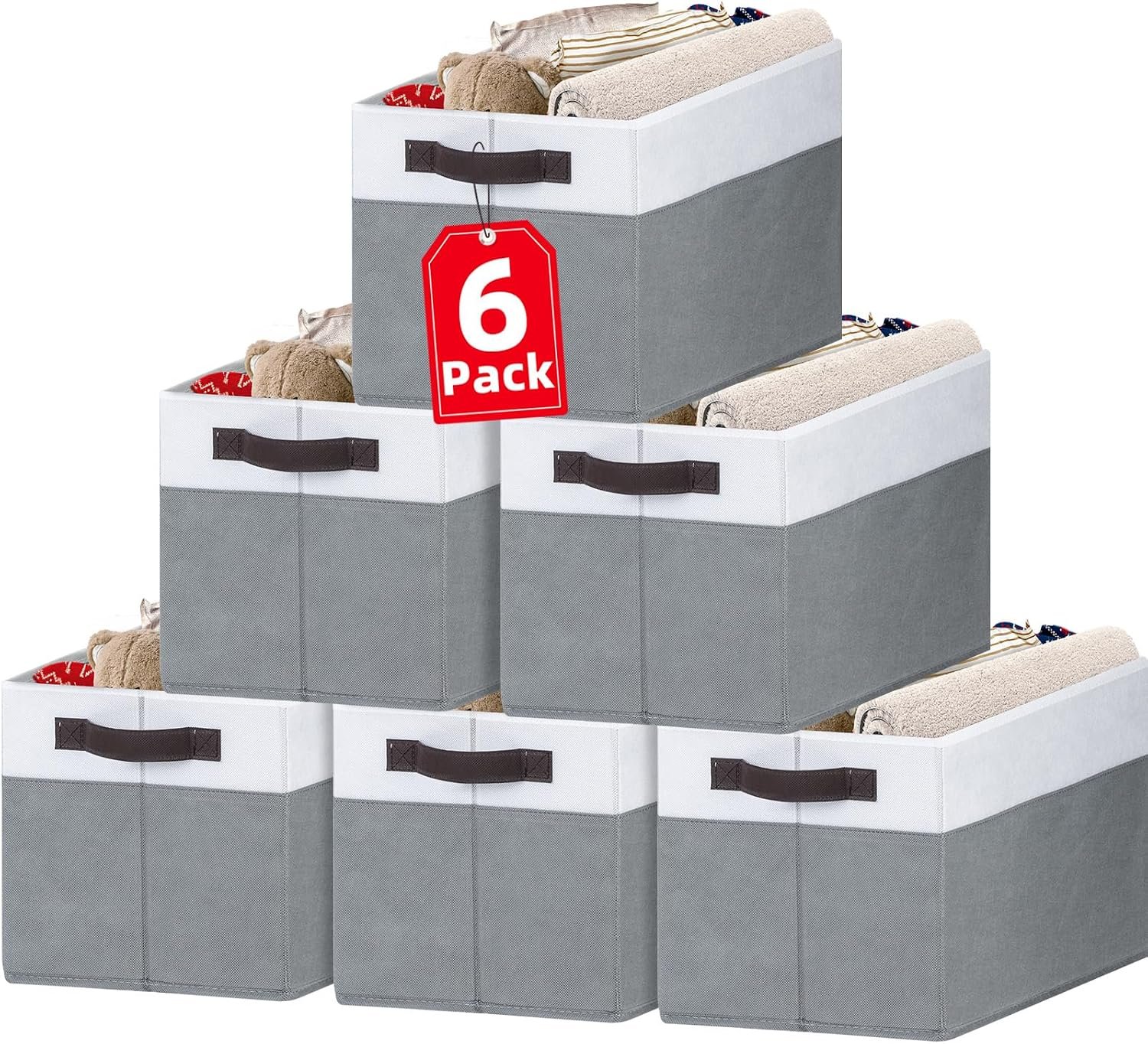 Criusia Closet Organizers and Storage Baskets – 6 Pack Shelf Organizer Bins with Handles – Clothes Storage Bins for Bedroom Nursery Home Closet Organization – Blanket Toy Storage Organizer