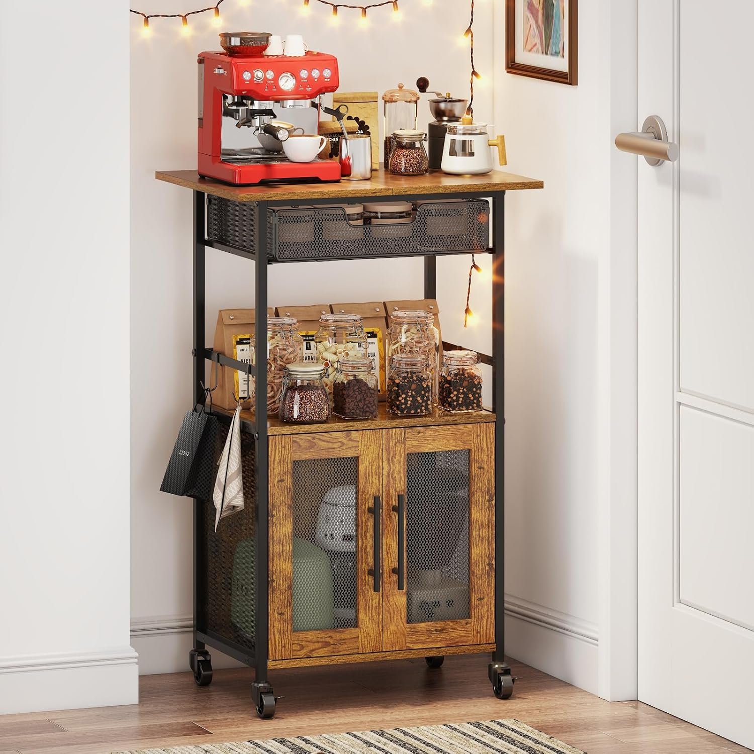3 Tier Slim Rolling Coffee Cart with 2-Door & Pull-Out Wire Basket Drawer, Coffee Bar Cabinet on Lockable Casters, 32.7″ H Microwave Cart with Storage for Home, Kitchen, Dining Room (Rustic Brown)