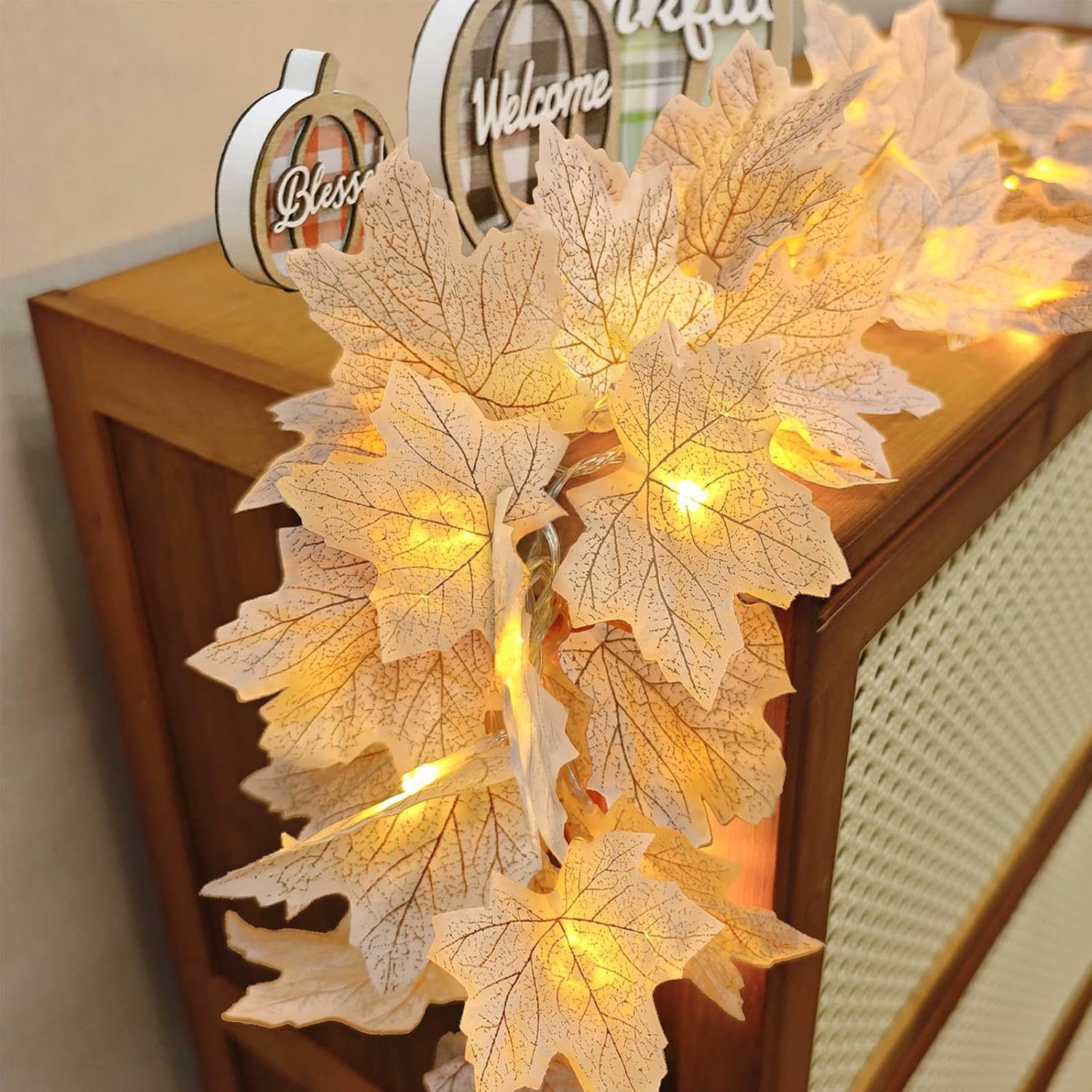 2 Pack Fall Decor Fall Garland with Lights Fall Decorations for Home, Lighted Maples Leaves Garland Total 13Ft 40LED Battery Operated Halloween Thanksgiving Christmas Decor Home Mantel Indoor Outdoor