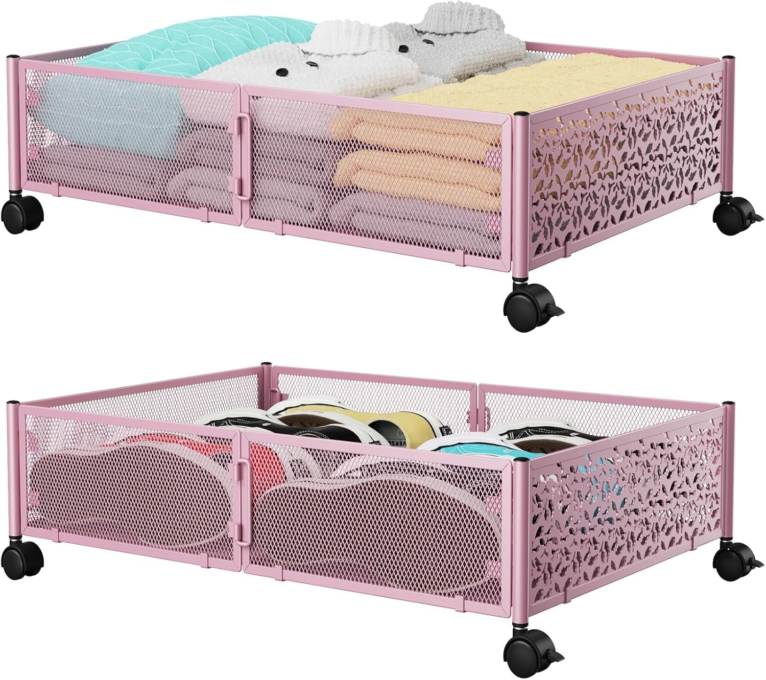 PHINOX Under the Bed Storage Containers with Wheels, Under Bed Storage, Under Bed Shoe Storage Organizer Drawer, Tool-free Assembly Metal Underbed Storage Containers -Pink