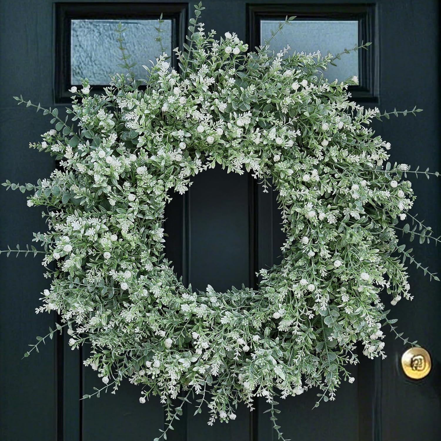 26”Large Artificial Eucalyptus Wreath for Front Door(White-Green) | Weather Resistant,Lifelike Eucalyptus Lavender with Babys Breath Flowers Wreath,for Home Farmhouse Wall Year-Round Use Decor