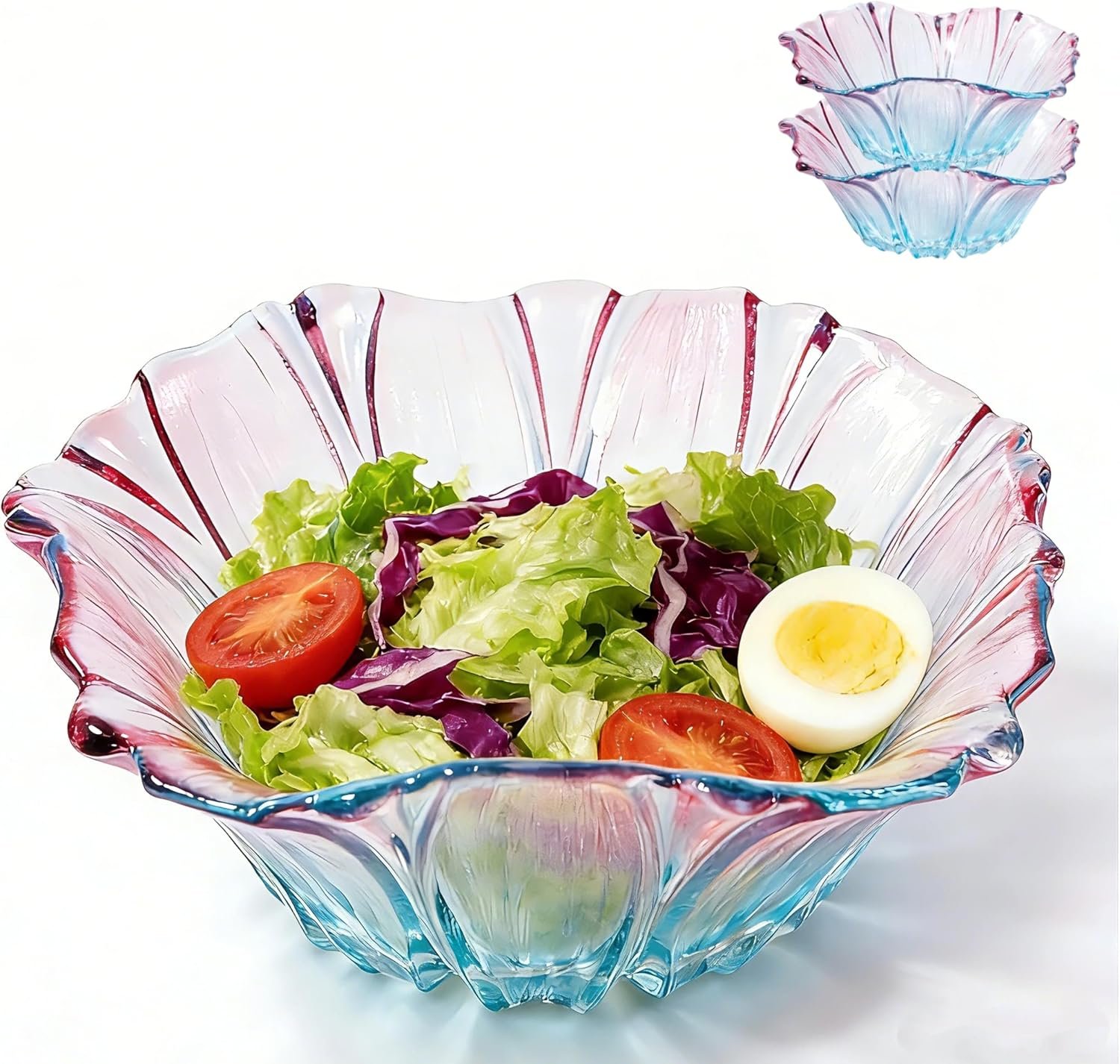 2 Piece Glass Salad Bowl Set – 7.3″ Decorative Serving Bowls, 17 OZ (500ml) Multipurpose Bowls for Fruits, Veggies, Snacks, Candies, Desserts, Family Dinners & Parties (Colorful, medium size)