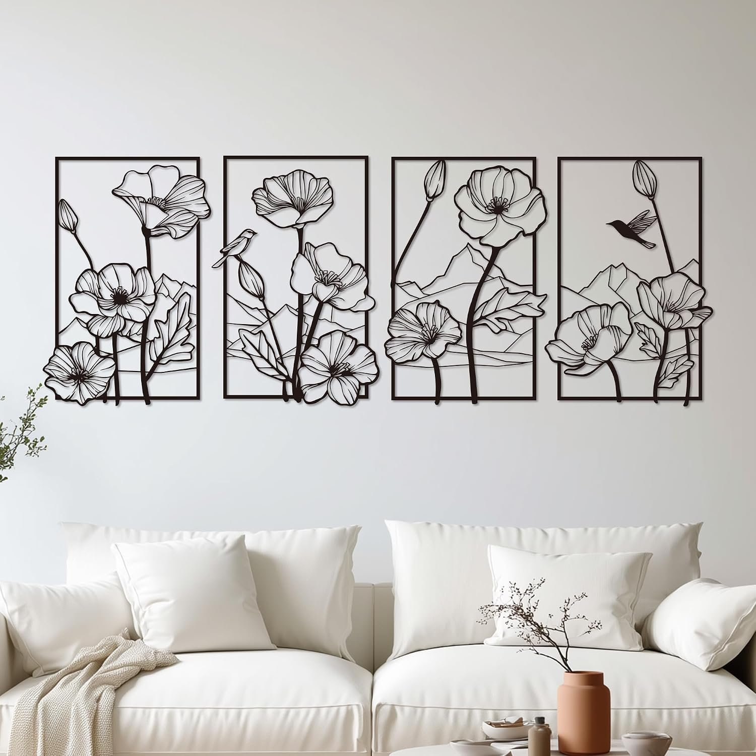 deeinglif Black Metal Wall Art Set of 4, 3D Metal Wall Decor for Living Room Bedroom Bathroom, Abstract Floral Mountain Nature Wall Sculptures, Modern Minimalist Iron Wall Art, 12 x 17 Inch