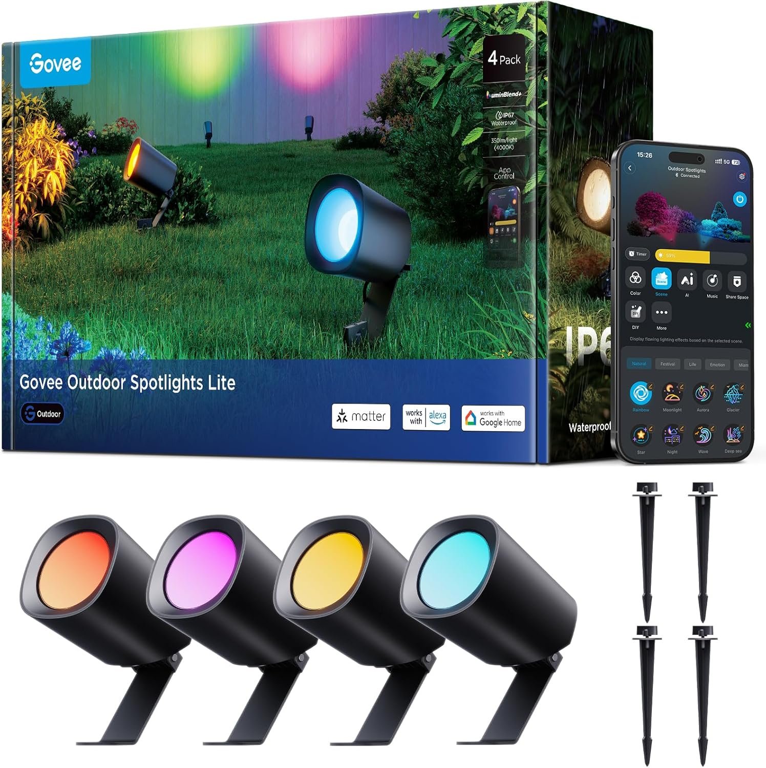 Govee Outdoor Spotlights Lite 4 pack, IP67 Waterproof Spotlights, Landscape Lighting Work with Alexa, Matter and Google Assistant, RGBWIC Color Changing Light for Outdoor Decor, Courtyard, Patio Decor