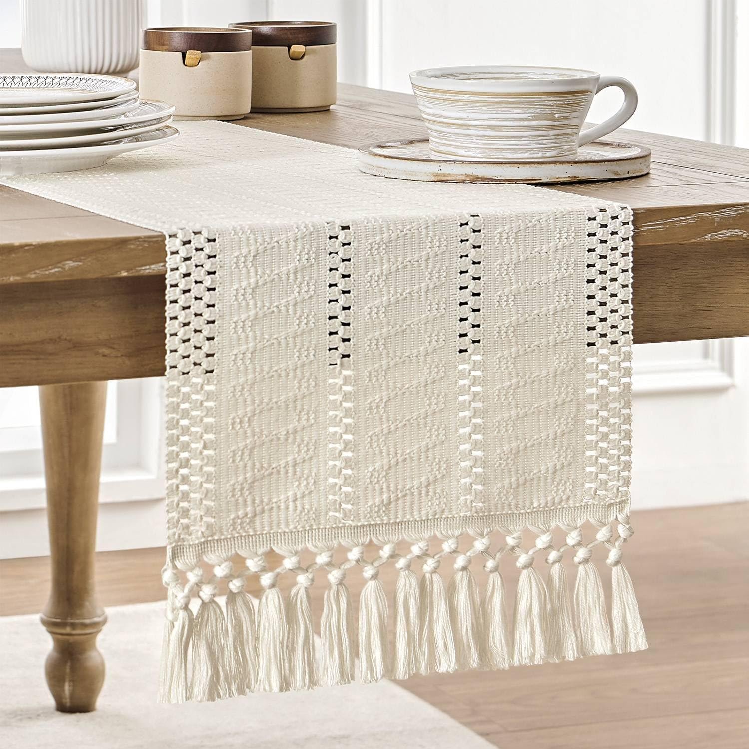 ZeeMart Macrame Style Boho Table Runner, Ivory Table Runners 72 Inches Long, Farmhouse Woven Home Decor, 12×72 Inch, Ivory