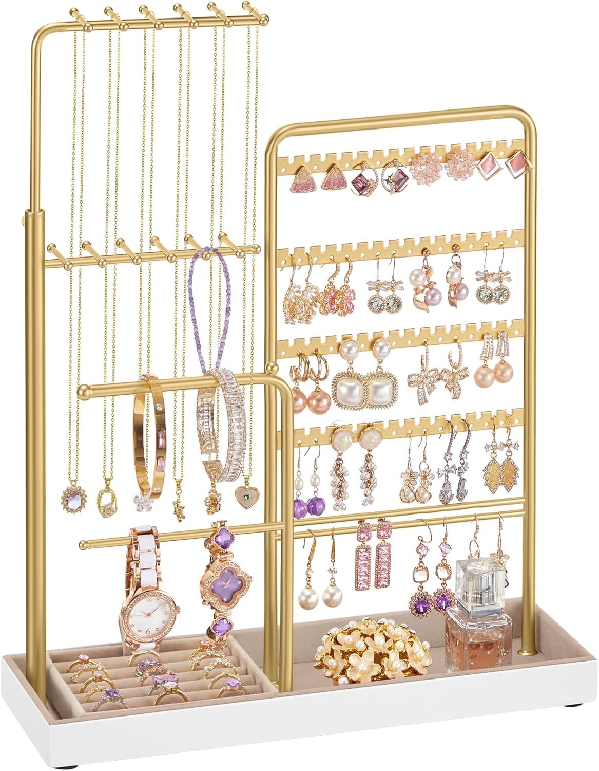 SONGMICS Jewelry Holder, Jewelry Storage Organizer Stand with Metal Frame, Velvet Tray, 12.1 to 18.7 Inches Tall Height Adjustable Necklace Holder, for Rings, Earrings, Pale Gold UJJS026A01