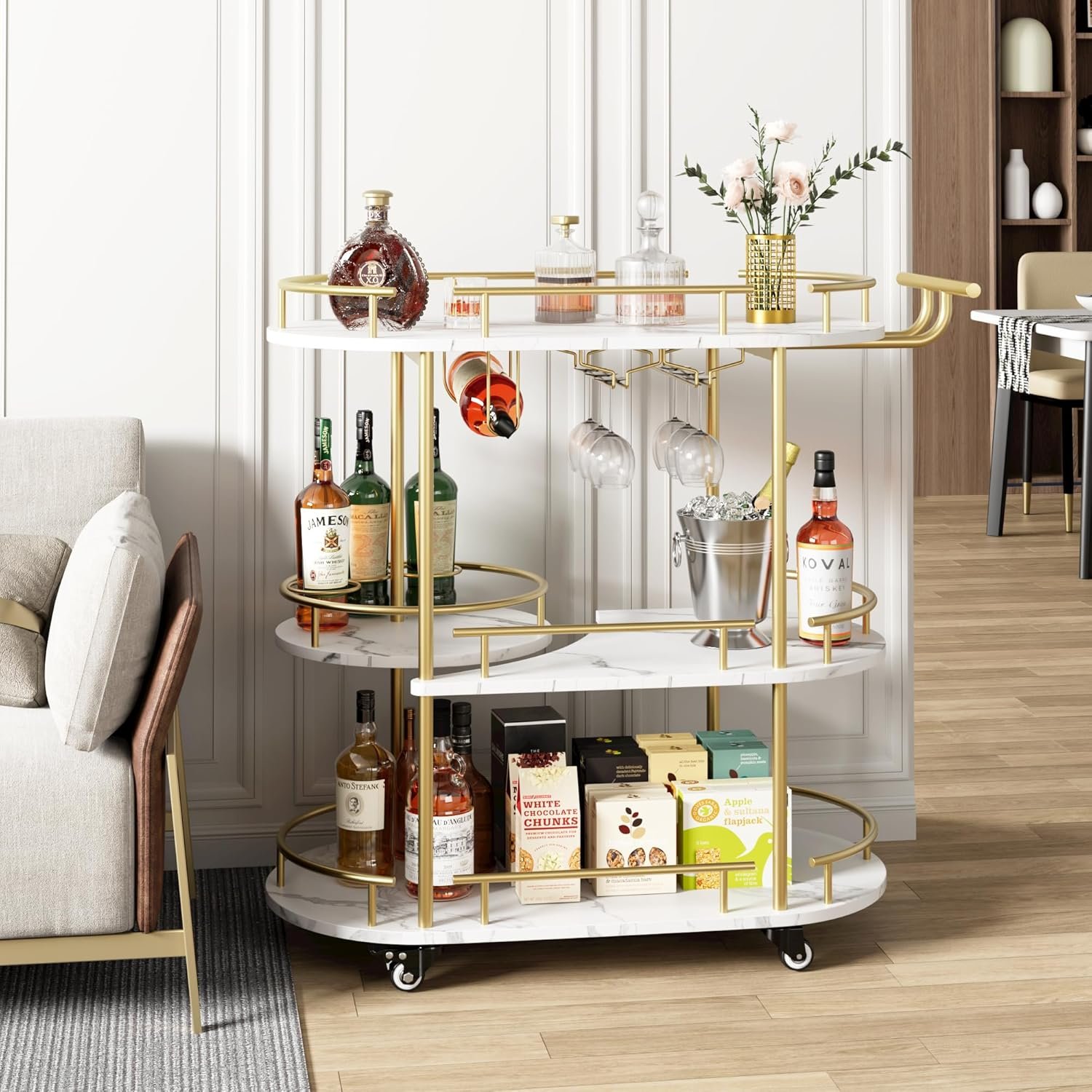 GarveeHome 3-Tier Bar Cart on Wheels, Mobile Serving Cart with Wine Rack and Glass Holder, Metal Kitchen Utility Cart for Coffee Station, Mini Home Bar, Dining Room – Gold+White
