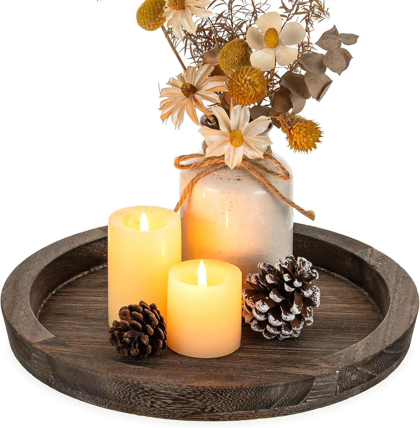 Hanobe Wooden Tray for Coffee Table: Candle Holder Plate Round Decorative Serving Tray – Vintage Table Centerpiece Rustic Farmhouse Home Decor