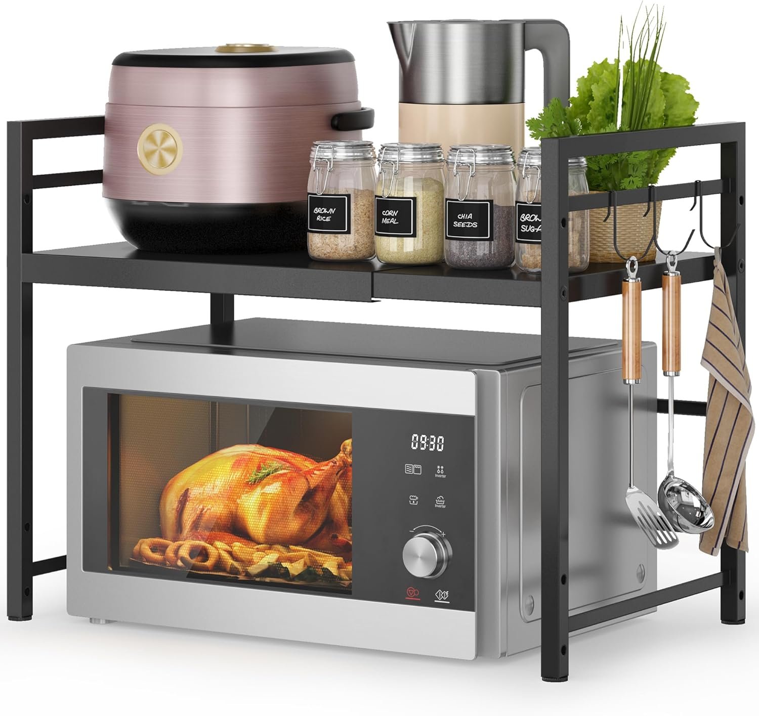 DOLALIKE Microwave Oven Rack, Expandable Microwave Stand Countertop Kitchen Utensils Tableware Storage, Carbon Steel Over Microwave Shelf Countertop with 3 Hooks | Adjustable Microwave Oven Rack Metal Storage Shelf for Pans Small Appliances Kitchen Utensils, 2- Tier