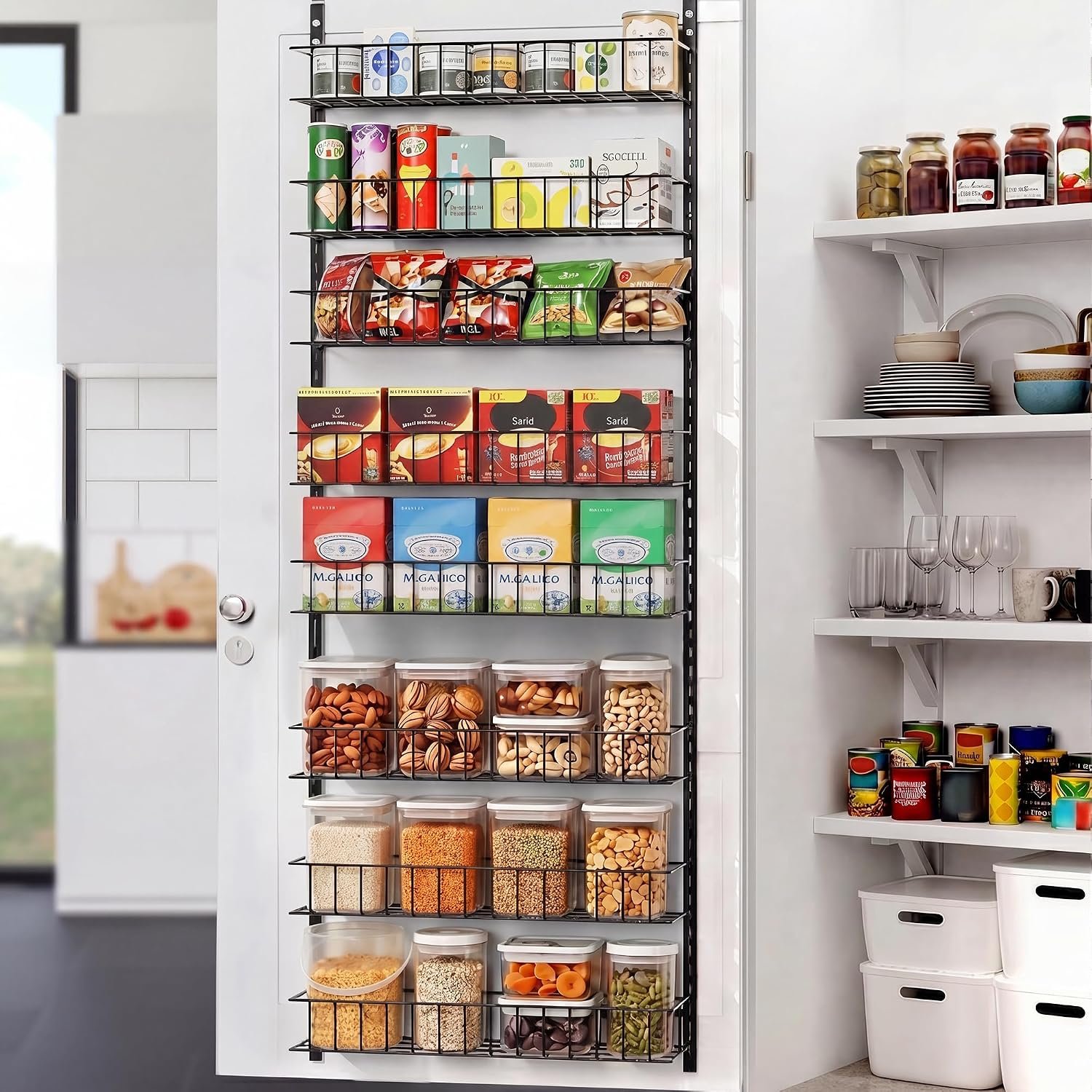 ElegantArray 8-Tier Pantry Door Organizer, Over The Door Pantry Organizer Rack and Storage, Hanging Spice Rack Shelves Door, Home Office Laundry Room Bathroom & Kitchen Organization Essentials Metal