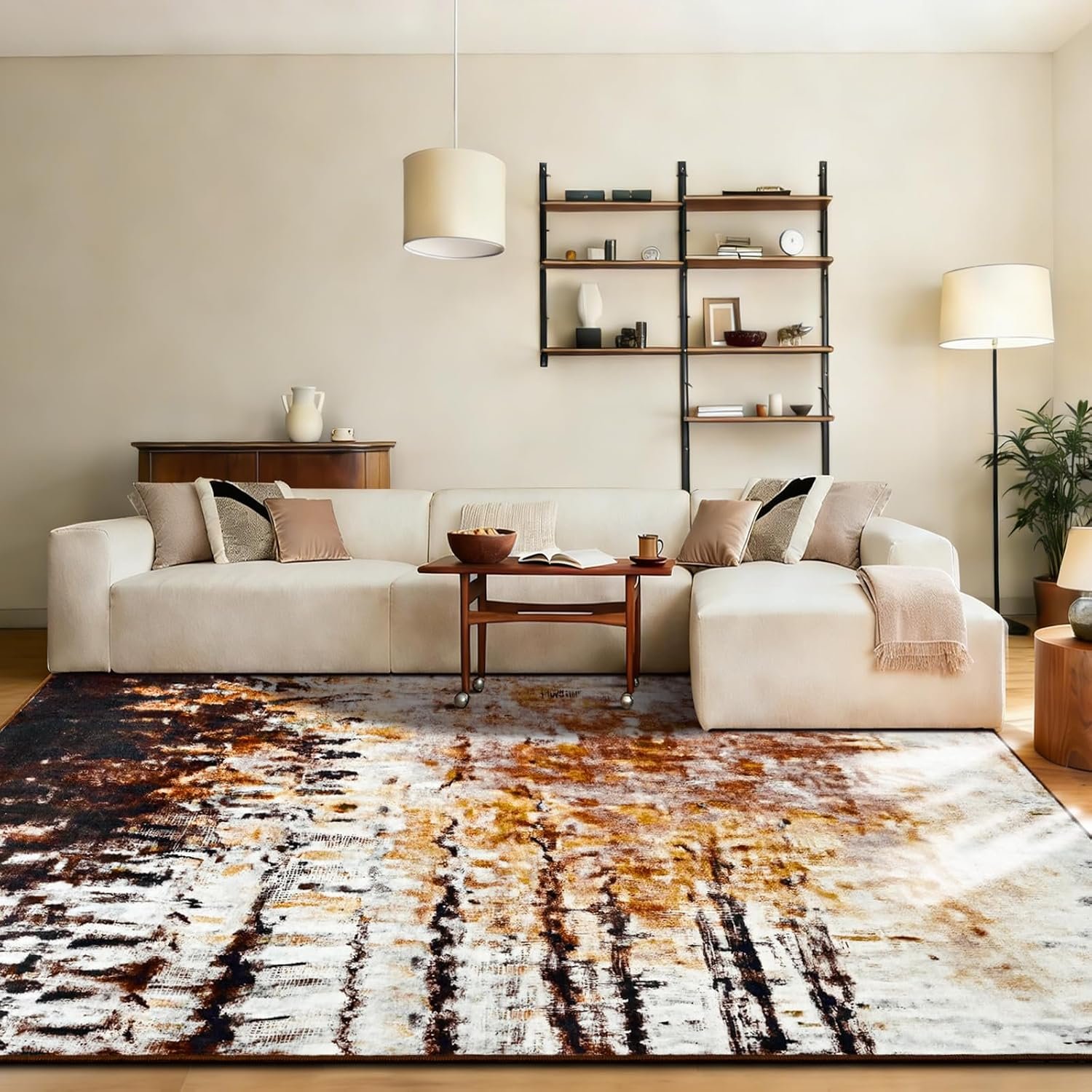 FlyDOIT Modern Abstract 5×7 Brown Area Rug for Living Room, Washable Rug Non Slip Throw Carpet Soft Thin Floor Carpets, Print Pattern, Indoor Rugs for Bedroom Dining Room Farmhouse Entryway Home Decor