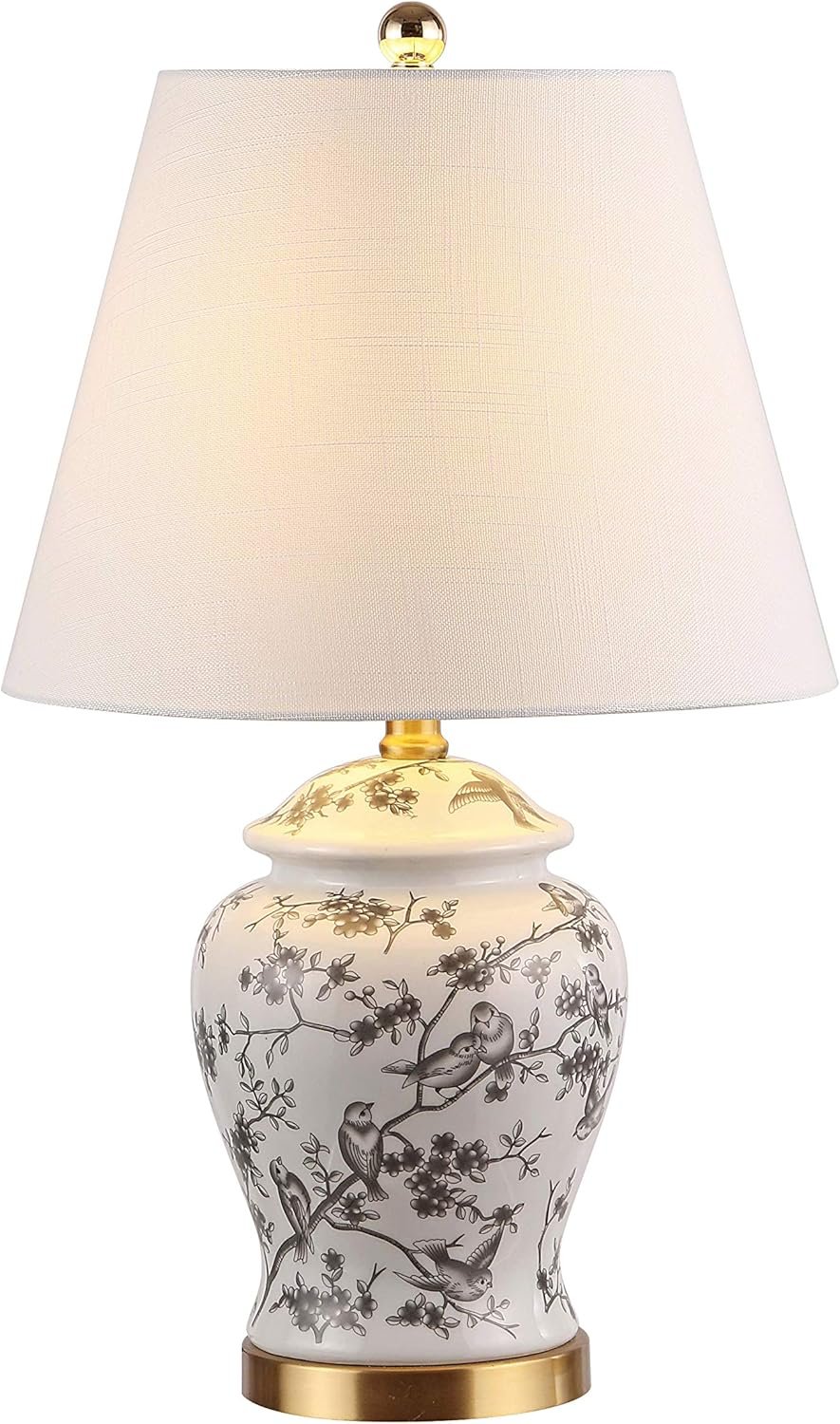 JONATHAN Y 22″ Gray/White Ceramic Table Lamp, French Country Chinoiserie Ginger Jar LED Bedside Lamp for Living Room Bedroom, White Linen Shade (JYL3005C)