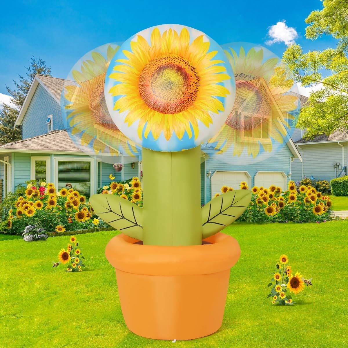 GOOSH 5.5 FT Spring Inflatable Sunflower Outdoor Decoration, Head-Wagging Flowers with LED Lights for Spring Yard Garden Lawn