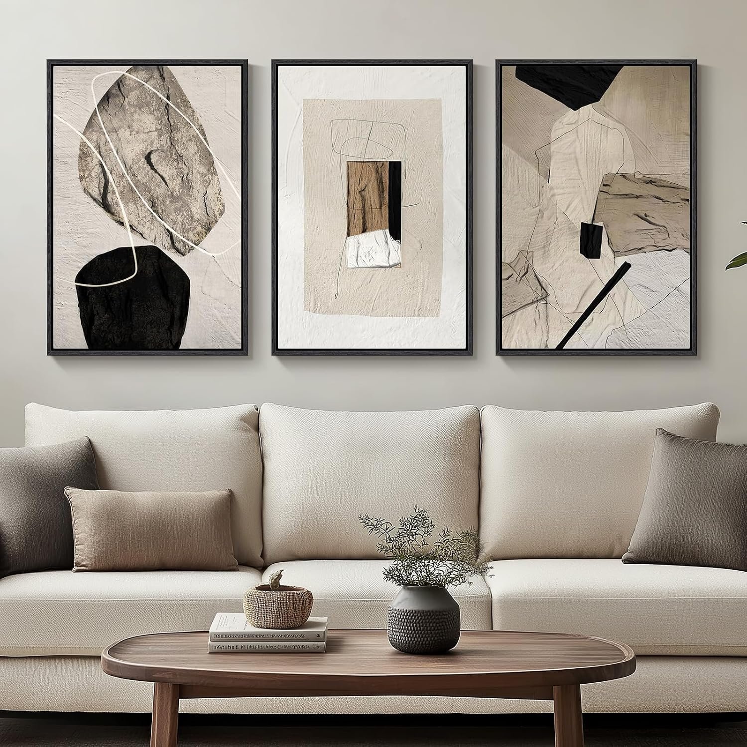 Framed Neutral Abstract Wall Art, Set of 3 Modern Canvas Prints Paintings Artwork for Walls, Minimalist Black and Beige Pictures for Living Room Hallway Stair Bedroom Office Wall Decor 16×24 Inch