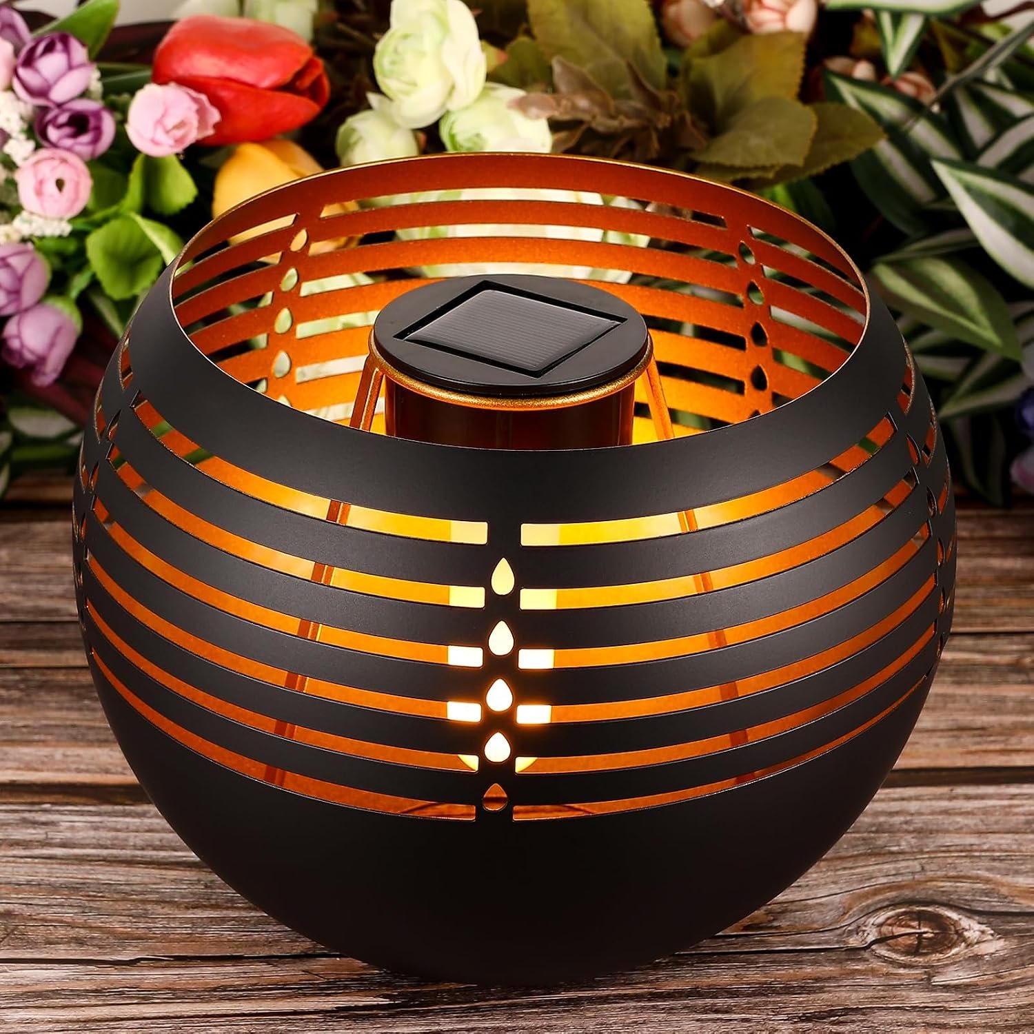 7.88″ Solar Fire Bowl Light, Matte Black & Gold, Steady Warm Yellow | Metal Design, Waterproof, Outdoor Garden/Patio Decor, No Flickering Flames