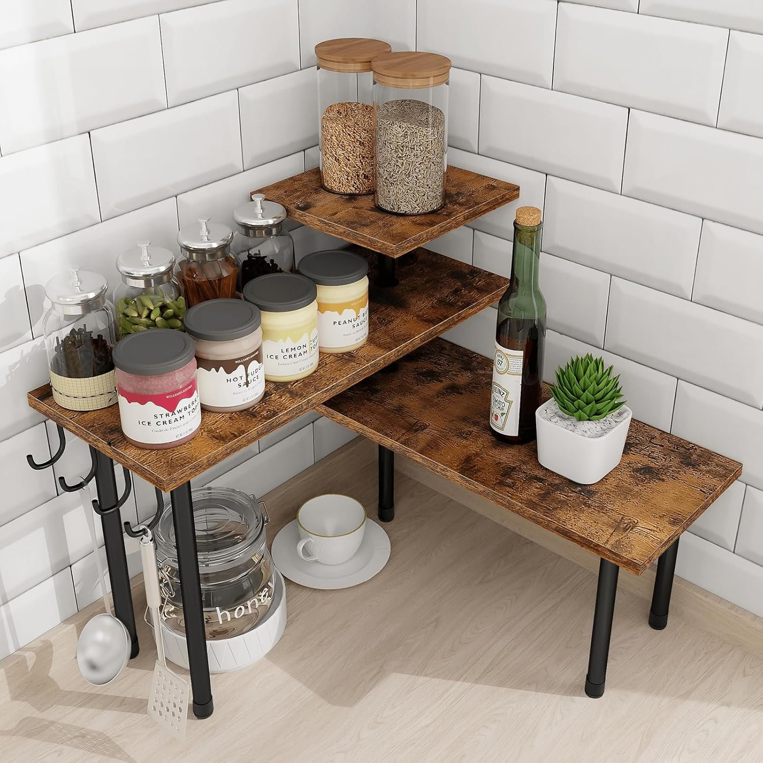 Homode Kitchen Countertop Organizer – 3 Tier Corner Shelf, Bathroom Counter Organizer, Spice Rack, Coffee Bar, Over Sink, Rustic Brown
