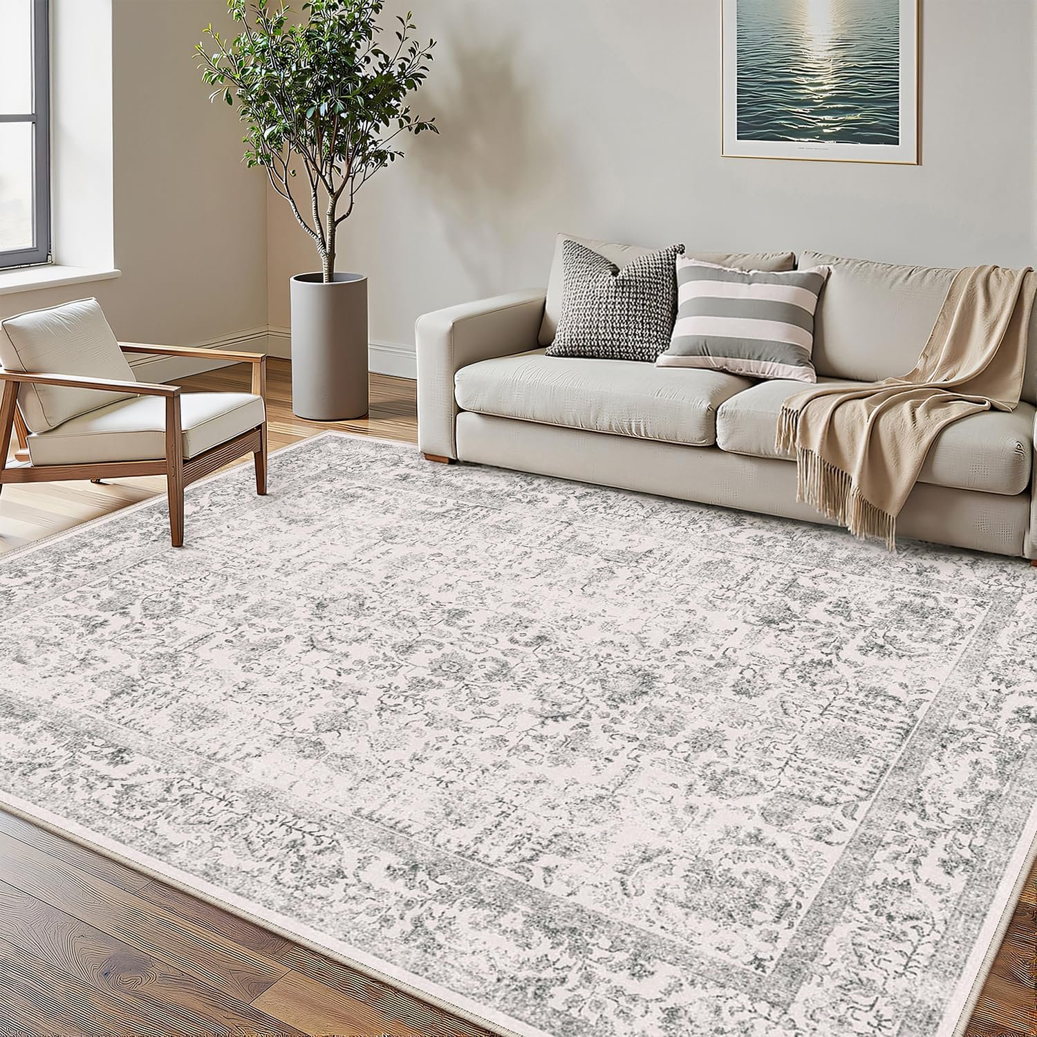 PureCozy Gray Area Rug 5×7 Machine Washable Vintage Living Room Distressed Non Slip Carpet Traditional Indoor Bedroom Grey Retro Floral Accent Throw Large Rug for Office Kitchen Bathroom Dining Room
