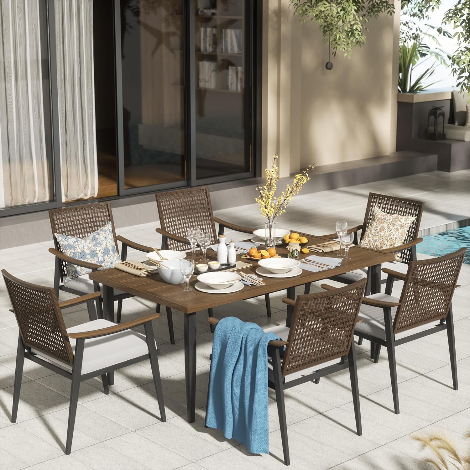 NATURAL EXPRESSIONS 7 Piece Patio Dining Set for 6,Rattan Wicker Swivel Patio Dining Chairs with Cushions,Aluminum Woodgrain Armrest, 65″ Large Dining Table with Umbrella Hole for Yard, Garden,Pool