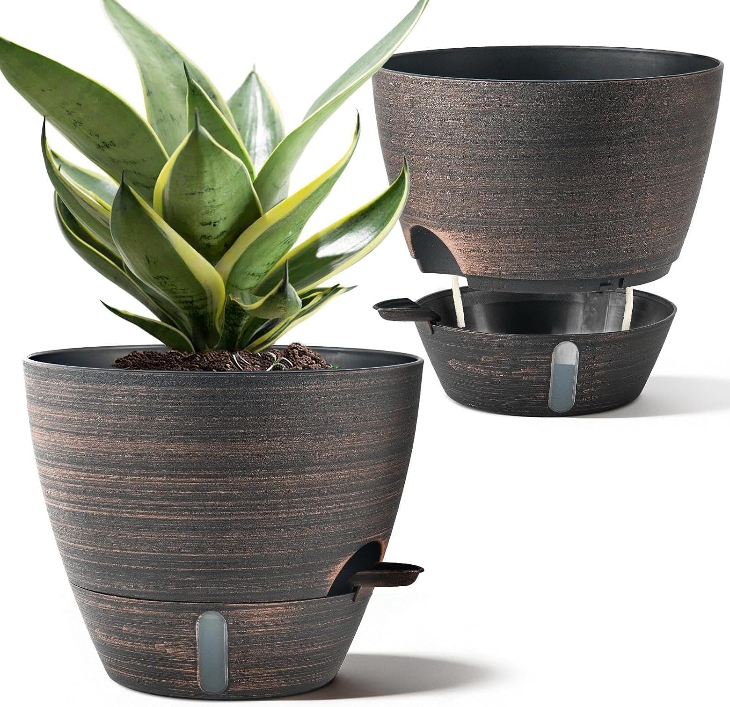 ZMTECH 10 Inch Self Watering Pots for Indoor/Outdoor Plants, Bronze Large Plastic Planter with Water Level Indicator, Drainage Hole & Removable Saucer for Garden Flowers, Deco Plant Container