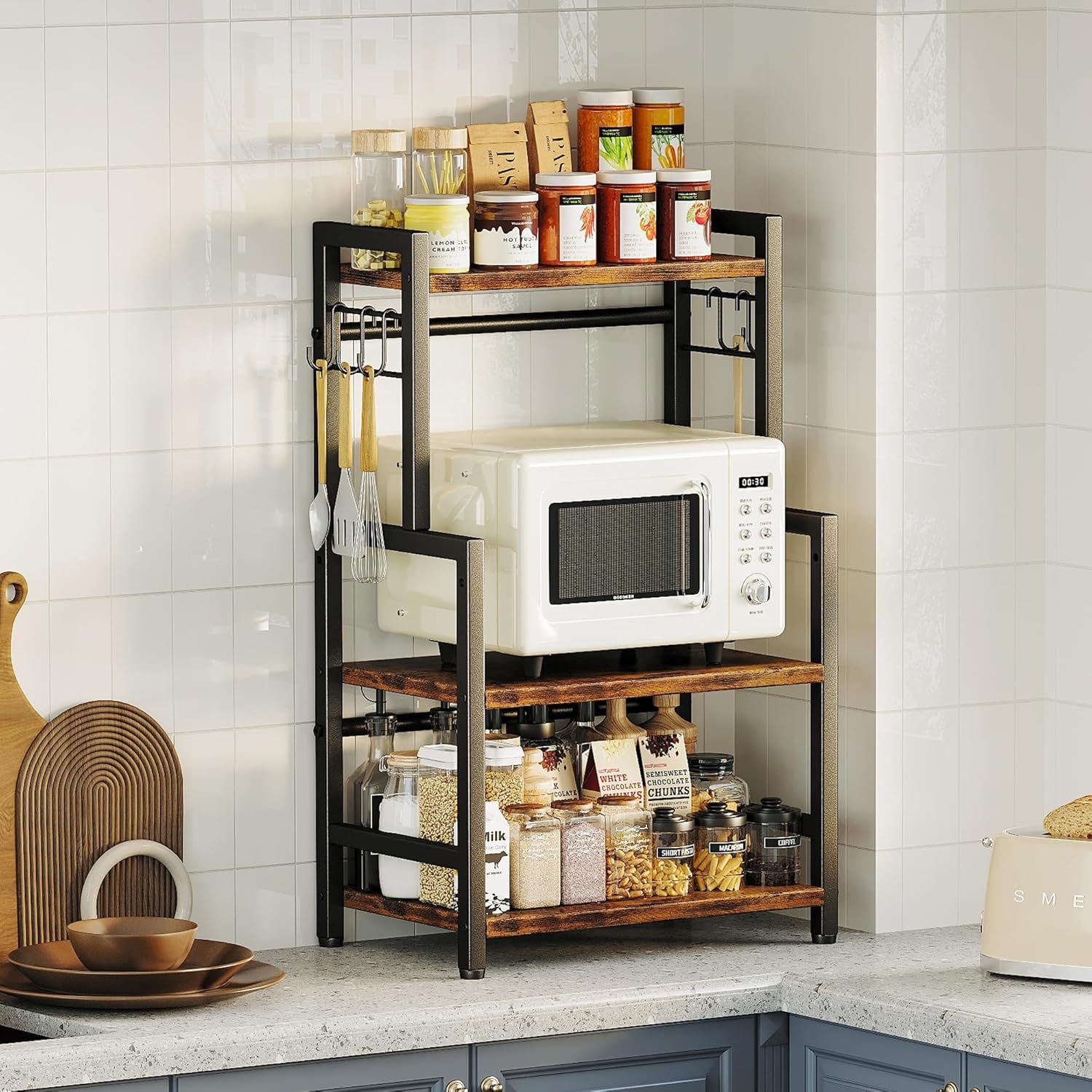 Kitchen Countertop Organizer,3 Tier Large Spice Rack Organizer with Adjustable Shelf and 5 Hooks,Wooden Counter Organizer,Space Saving Countertop Shelf Microwave Stand for Kitchen,Bathroom,Coffee Bar