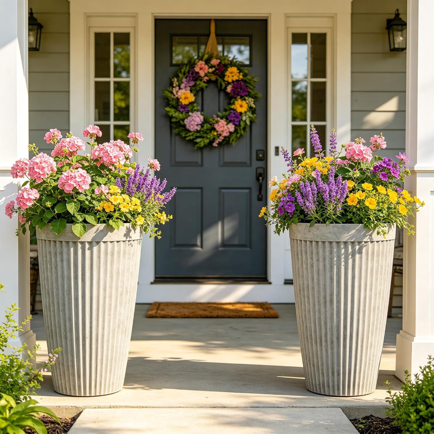 Autodaya 20″ Tall Planters Set of 2, High-Density Resin Fluted Outdoor Pots for Plants, Versatile Indoor/Outdoor Flower Pots w/Drainage Holes for Patio, Garden, Porch & Living Room Decor, Ideal Gift