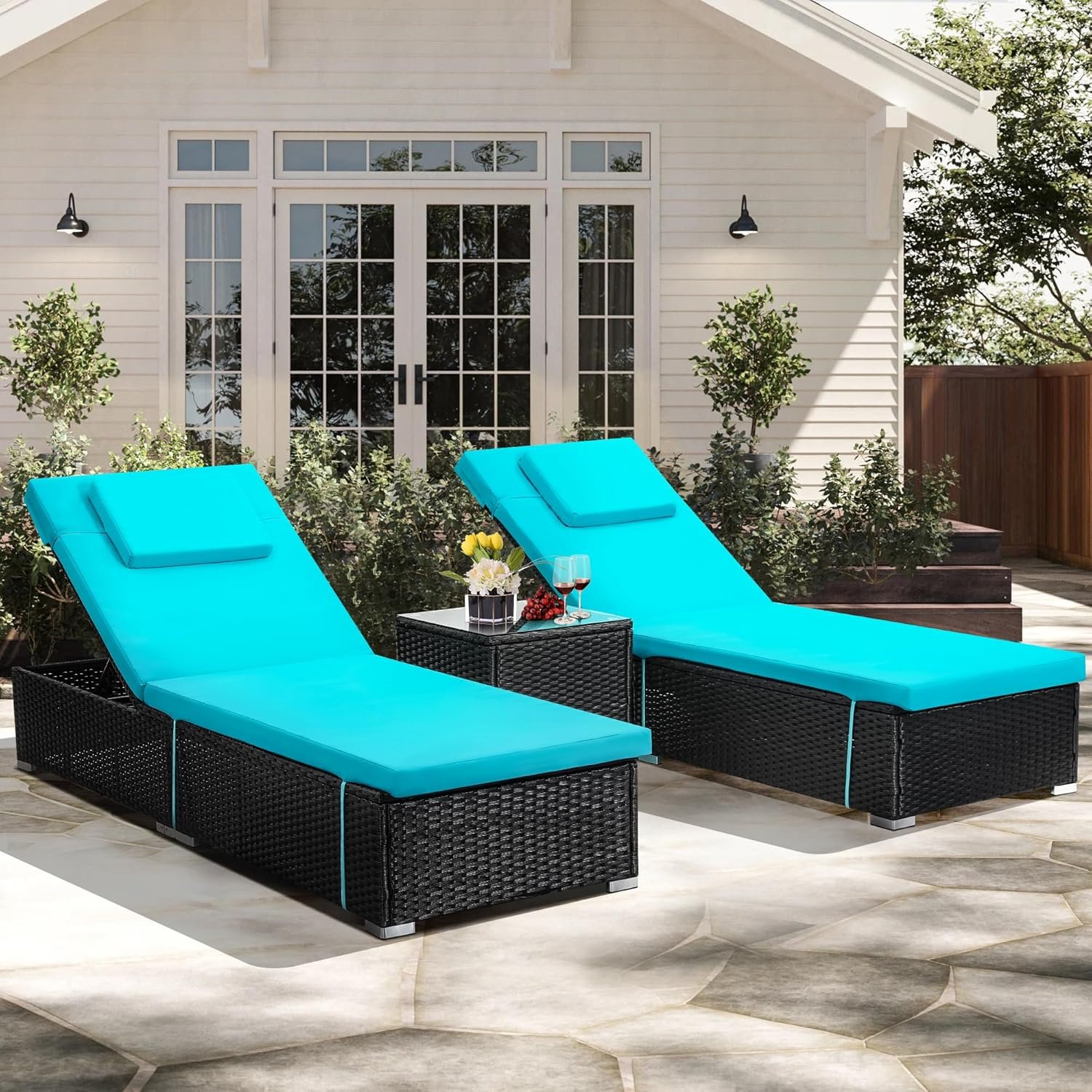 Murago Outdoor Chaise Lounge Chairs, All-Weather Wicker Pool Lounge Chair Set of 2 with Side Table, Adjustable Backrest & Washable Cushions for Patio, Poolside, Beach, Light Blue