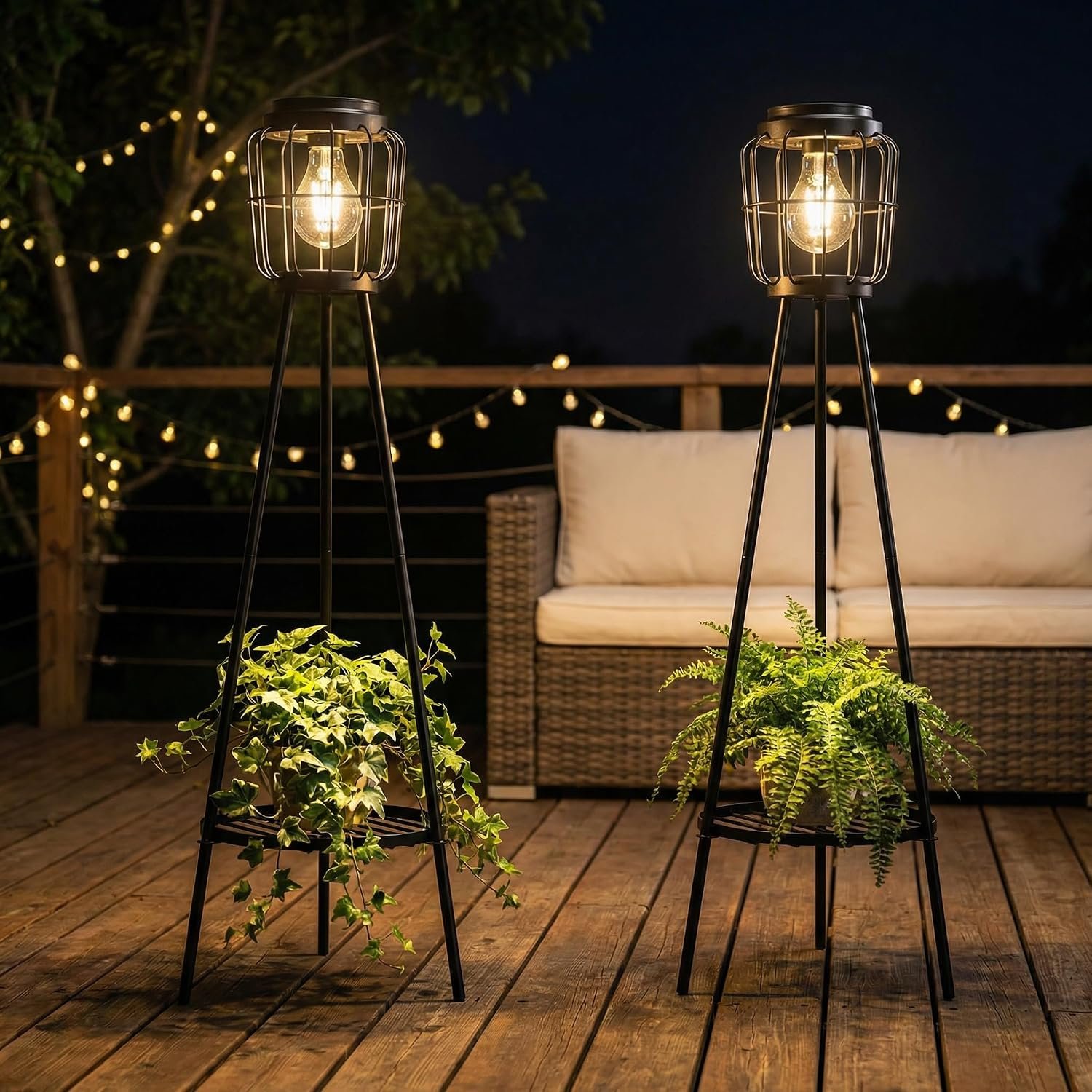 VISFLAIR 2 Pack Solar Lights with Plant Stand, Outdoor Floor Lamp, Waterproof Solar LED Edison Bulb Floor Lamps for Patio Porch Deck Yard Garden Decor