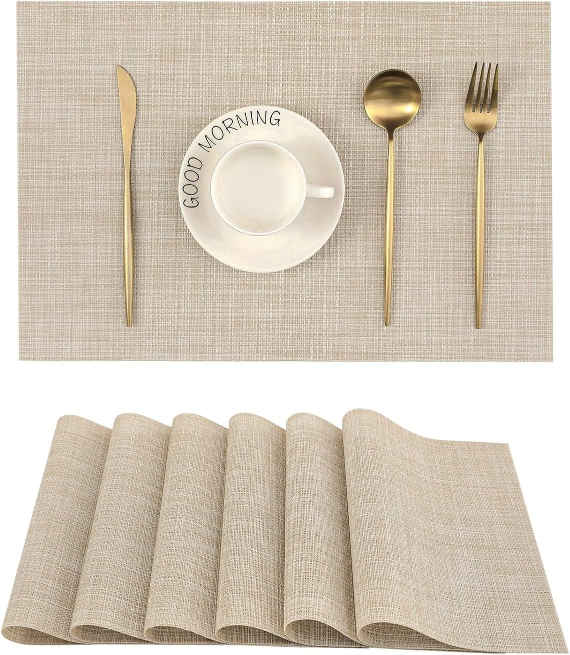 Leetaltree Beige Placemats Set of 6 – Heat-Resistant, Non-Slip Table Mats, Washable Woven Vinyl for Indoor & Outdoor Dining