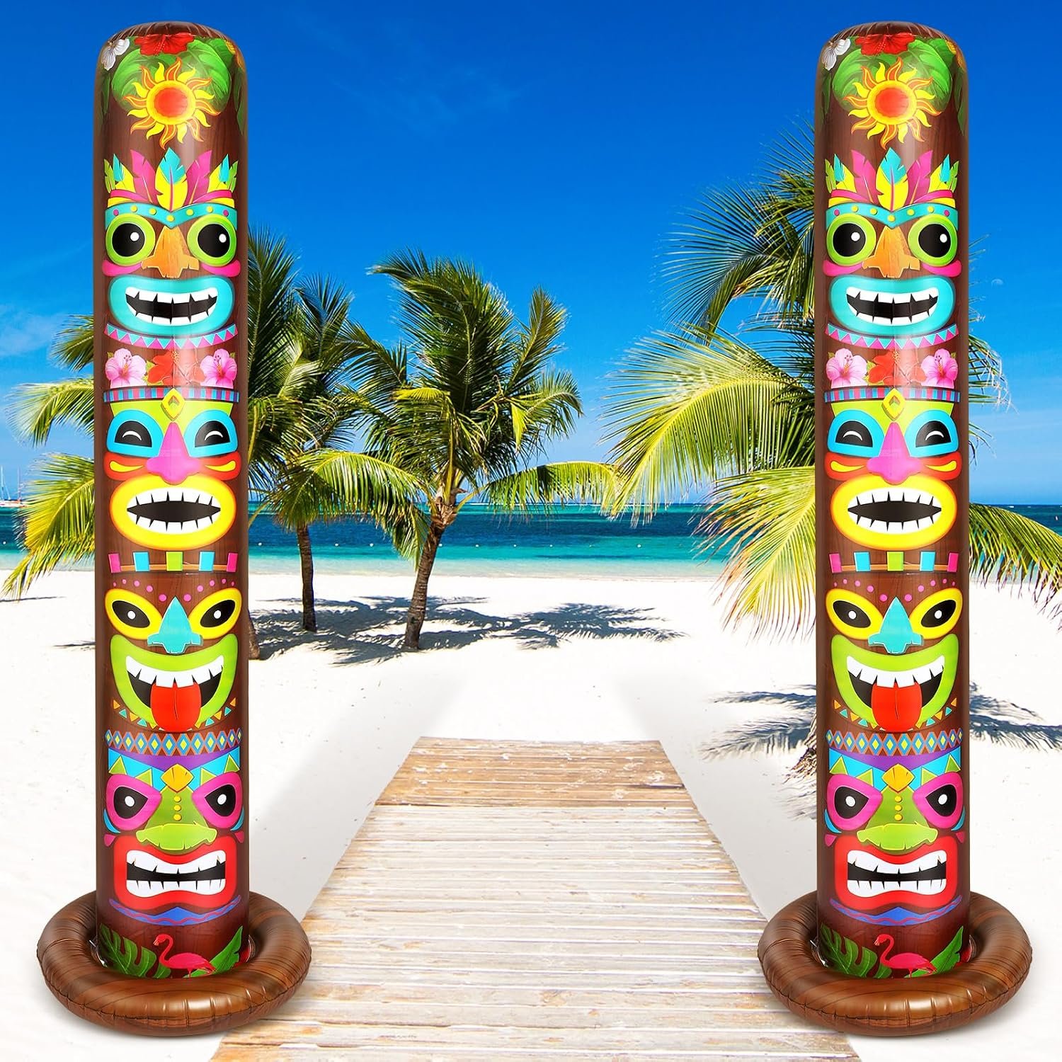 Leyndo 6 ft Inflatable Tiki Luau Party Decorations Hawaiian Luau Tropical Inflatables Tiki Decor with Storage Bag Blow up Party Beach Supplies for Hawaiian Bar Summer Pool Decor(Brown,2 Pack)