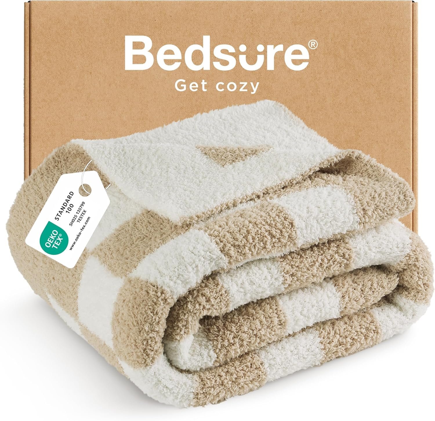 Bedsure Beige Throw Blanket for Couch, Cozy Soft Checkered Blanket, Lightweight Warm Knit Fluffy Throw Blankets for Bed Sofa, Camping, Picnic, Travel, Gifts for Women Men, 50×60 Inches