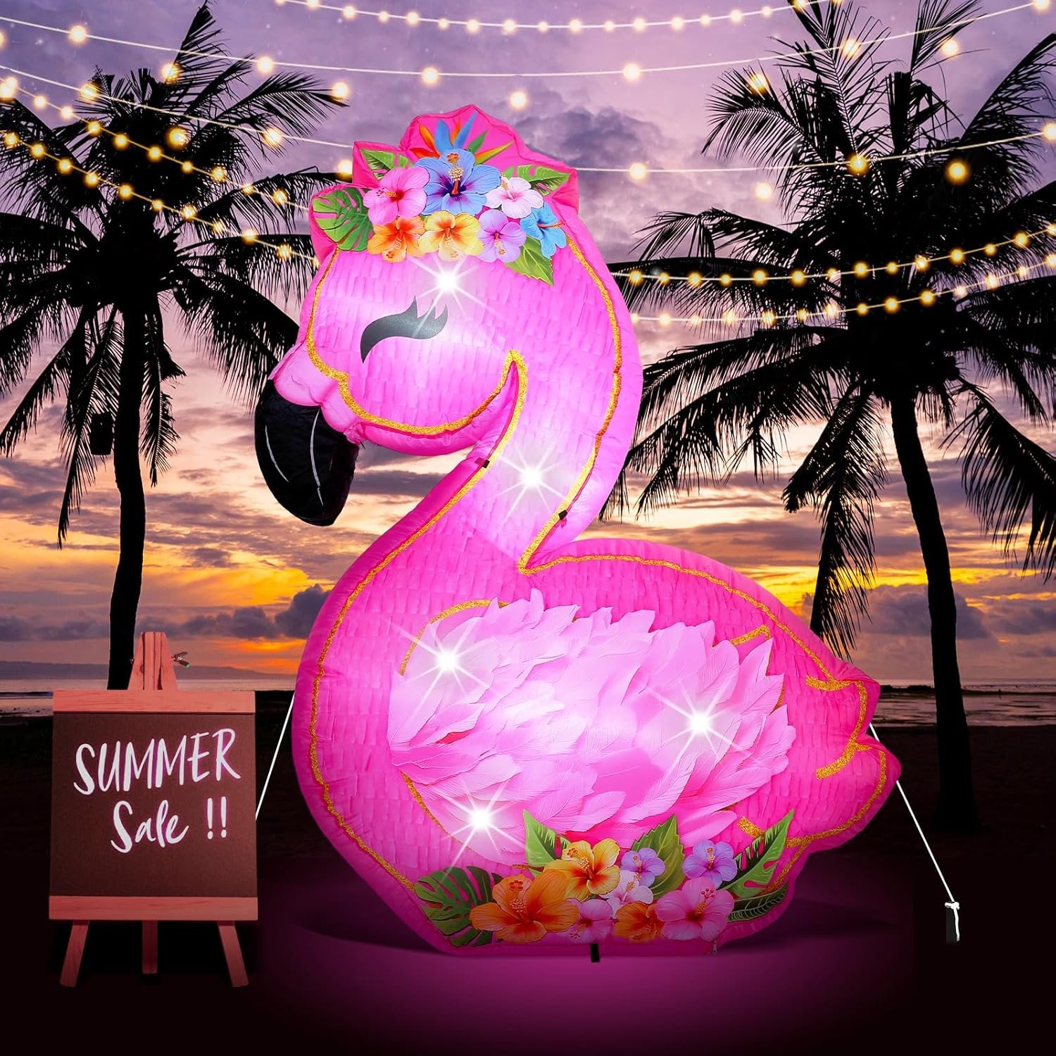 VIHOSE 5.5 ft Summer Pool Party Decorations, Inflatable Flamingo Outdoor Decoration Built-in LED Lights Blow up Pink Flamingo for Yard Garden Birthday Luau Beach Pool Party
