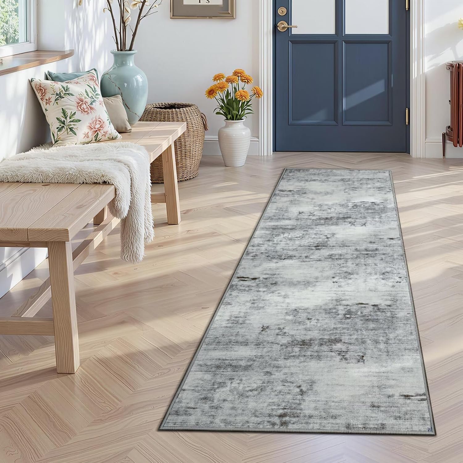 Toneed 2×6 Runner Rug Modern Abstract Hallway Rug Washable Non Slip Rubber Rugs for Kitchen Stairs Entryway Bedroom Living Room Printed Low Pile Foldable Accent Rugs Grey