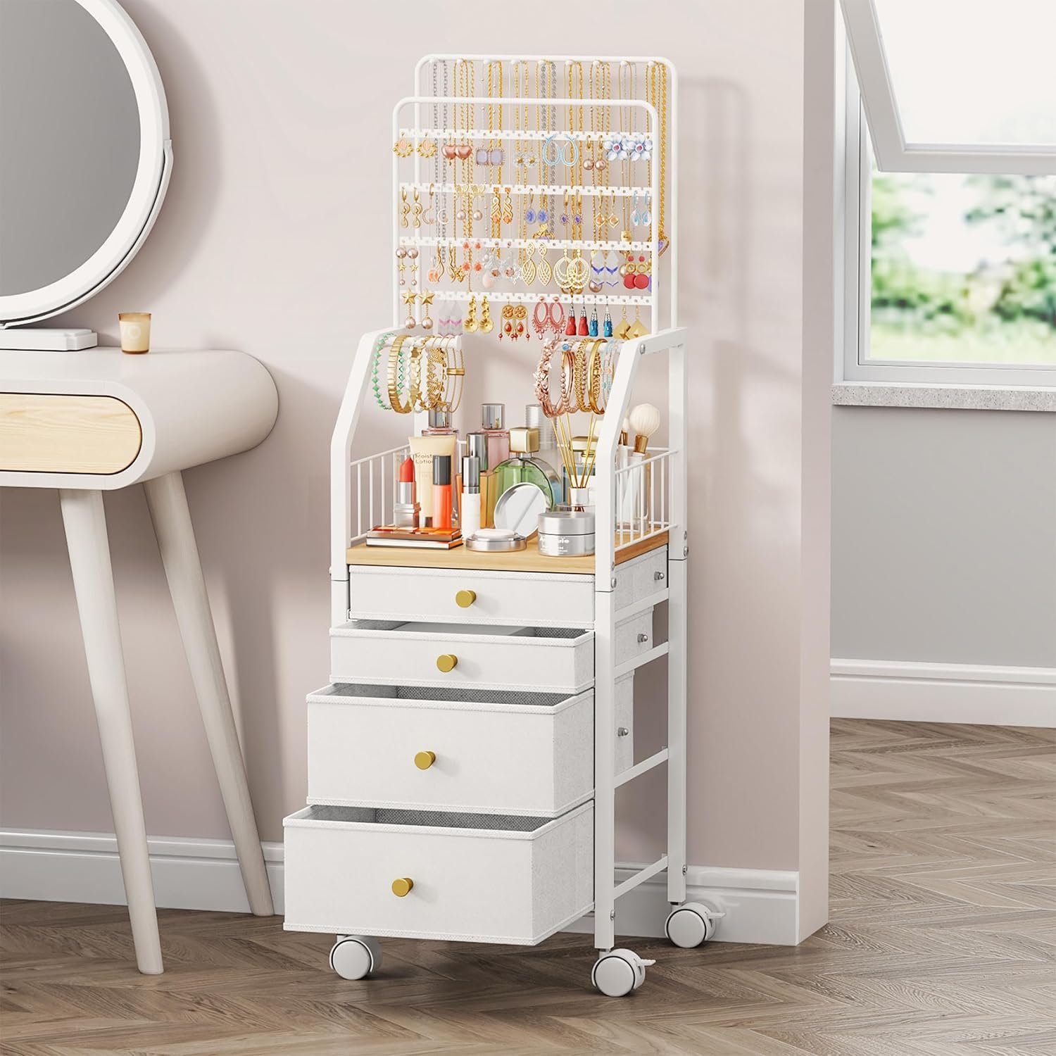 SWTYMIKI Jewelry Organizers and Storage- Multifunctional Stand Jewelry Organizer Cabinet for Necklace, Earring, Ring & Bracelet – Jewelry Box Necklace Holder with 4 Nonwoven Drawers & Wheel White