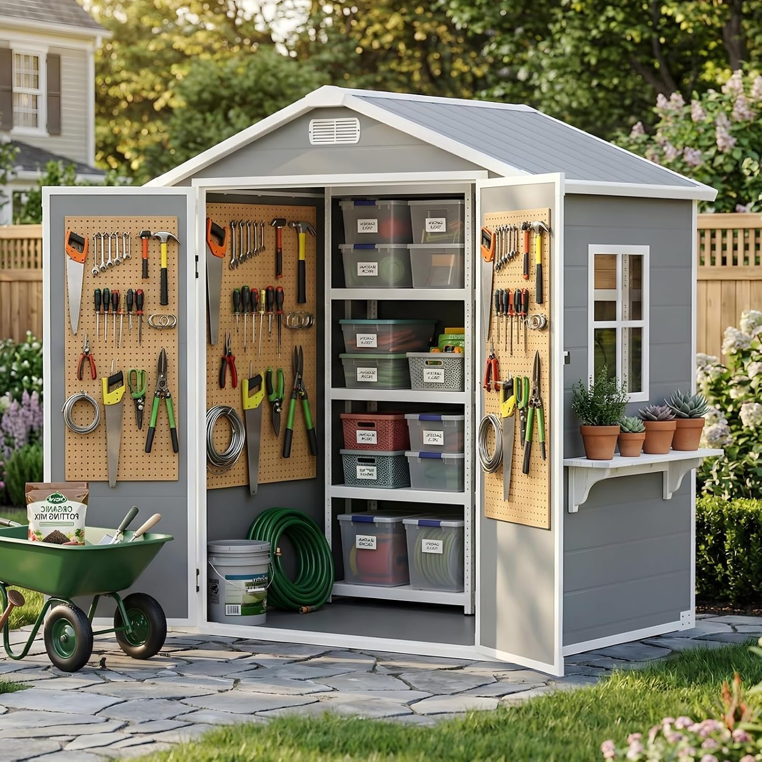 6×4 FT Outdoor Storage Shed with Floor & Window, All-Weather Resin Garden Tool Shed, Waterproof Plastic Garden Shed with Lockable Door, Vents & Roof Rainwater Drainage for Backyard, Garden, Poolside