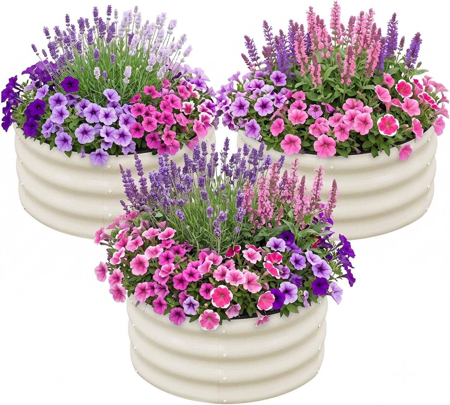 SnugNiture 3 Pcs 2x2x1ft Round Galvanized Raised Garden Bed Kit Outdoor, Metal Planter Box for Planting Plants Vegetables, White