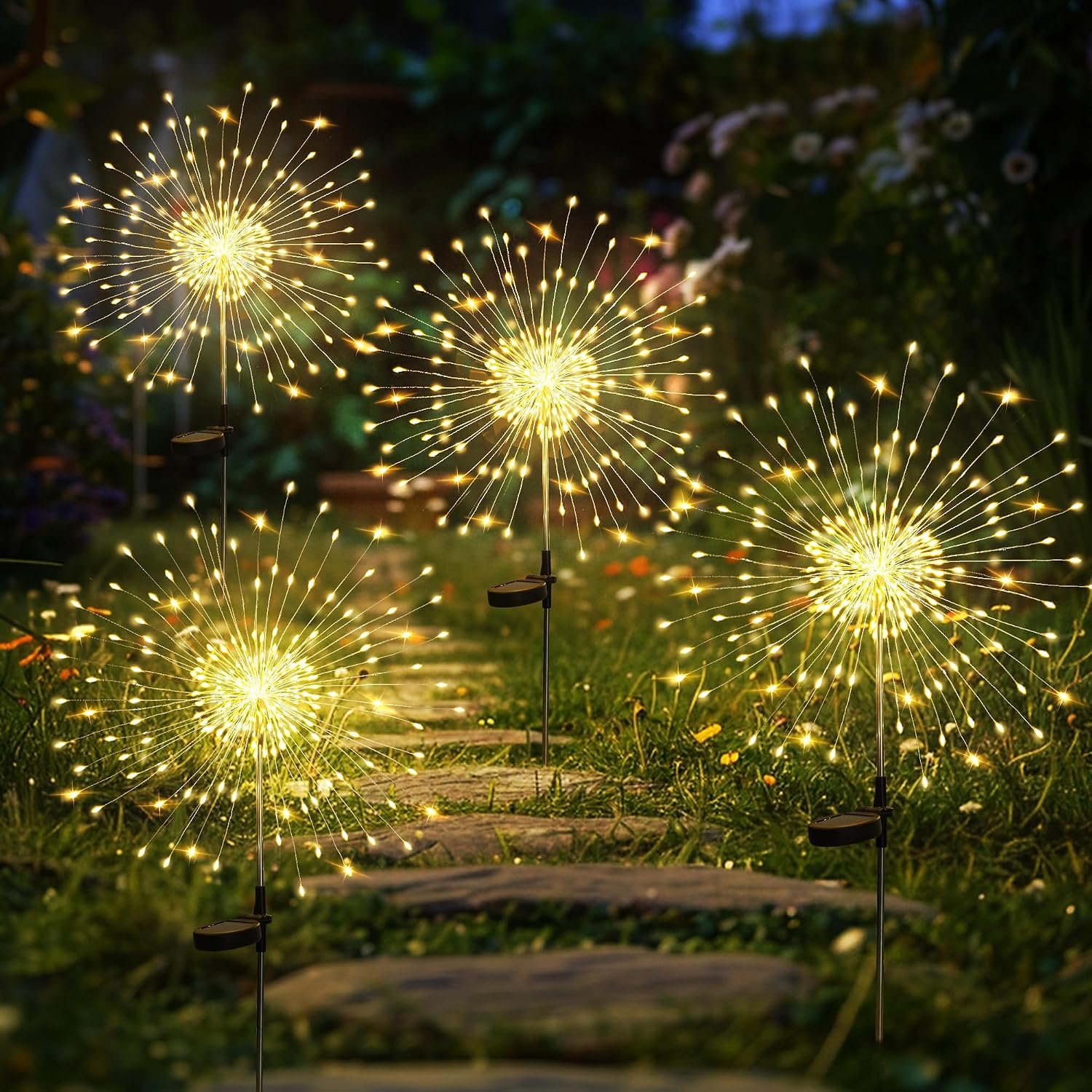 GIGALUMI Garden Decor Outdoor Lights 120LED 4Pack, Solar Garden Lights Outside Fairy Firework Decorative,Solar Powered for Yard Pathway Flowerbed Planter Balcony Patio 4th of July Decor (Warm White