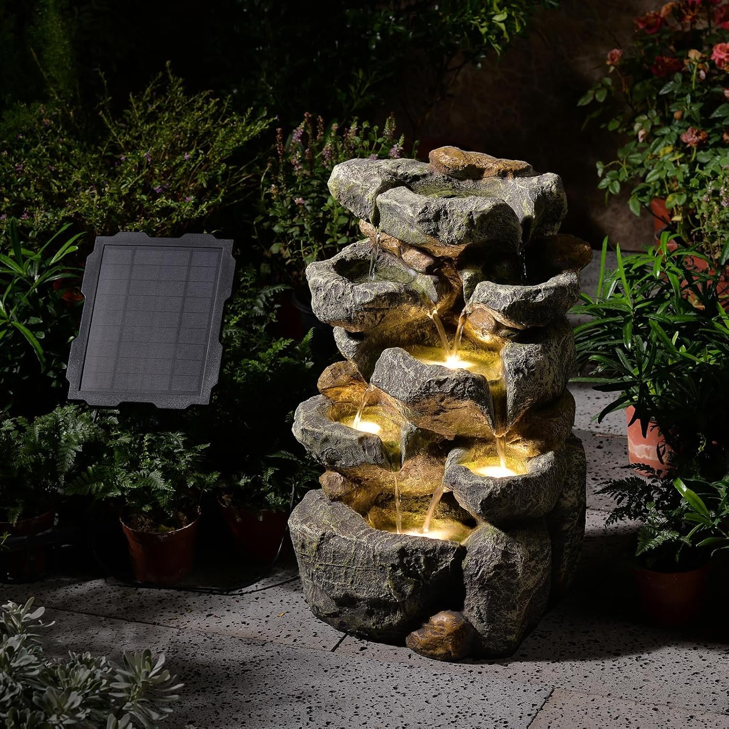 Solar Water Fountain Outdoor Garden, 24″ H Cascading Stone Design 5 Tier Rock Feature Outdoor Fountains Waterfalls with Light, Pump Solar Panel for Patio, Deck, Porch, Backyard Home Décor