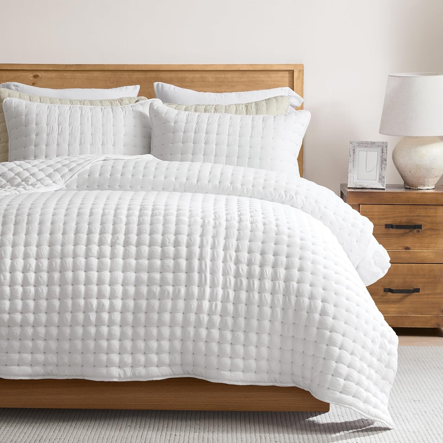 WDCOZY White Queen Size Quilt Bedding Sets with Pillow Shams, Lightweight Soft Bedspread Coverlet, Quilted Blanket Thin Comforter Bed Cover, All Season Summer Spring, 3 Pieces, 90×90 inches
