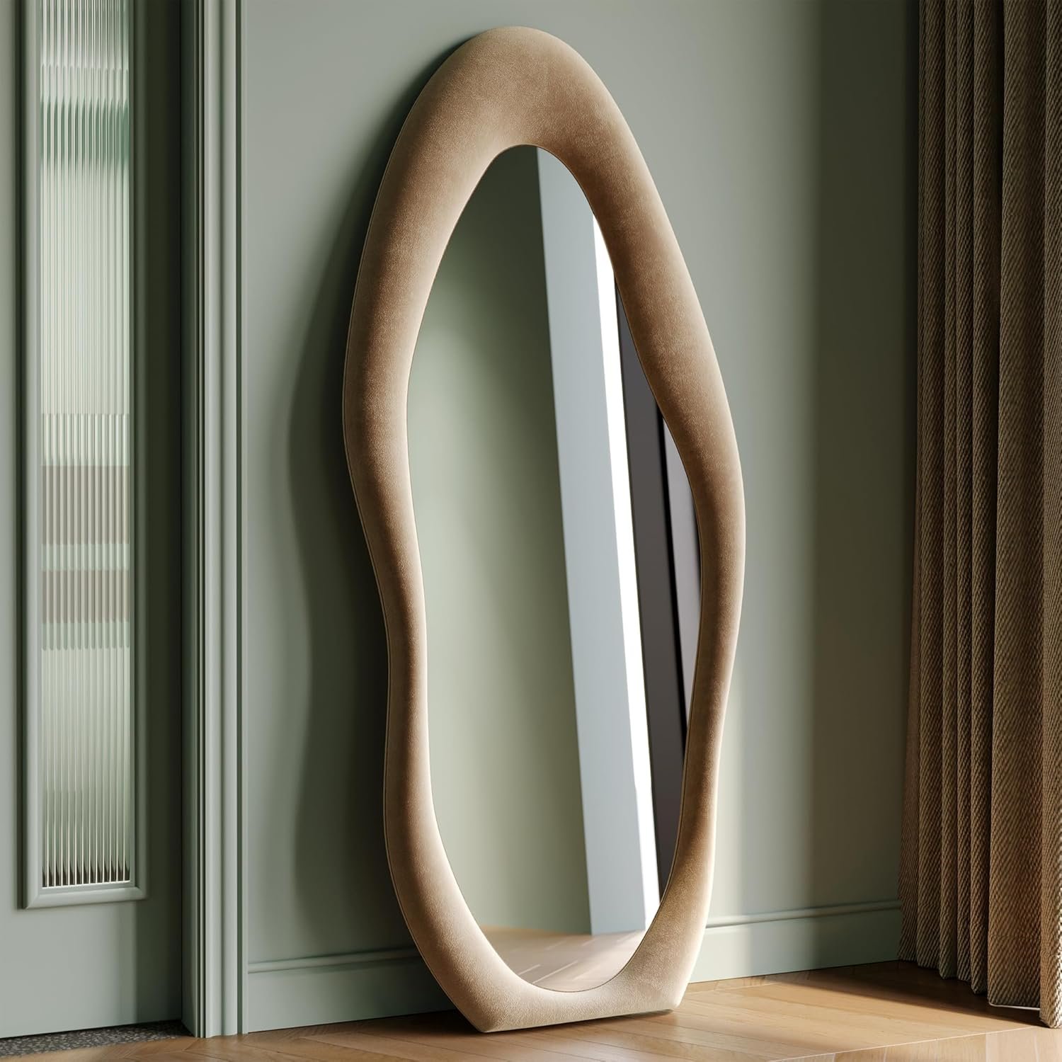 Honyee Full Length Mirror, 63″ x 24″ Wall Mirror, Flannel Wrapped Wooden Frame Floor Mirror, Irregular Wavy Mirror Hanging or Leaning Against Wall for Cloakroom/Bedroom/Living Room, Milk Tea