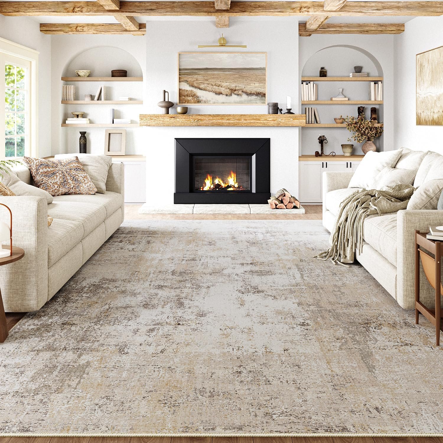 8×10 Washable Area Rug Beige Grey Abstract Non Slip Soft Low Pile Rug for Living Room Bedroom Dining Room Office Neutral Modern Indoor Large Throw Carpet for Home Decor