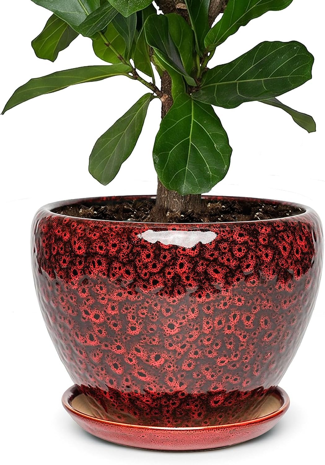 11 Inch Ceramic Plant Pot with Drainage Hole Mesh Net, Large Gardening Pots for Indoor Plants with Saucer, Speckle Red