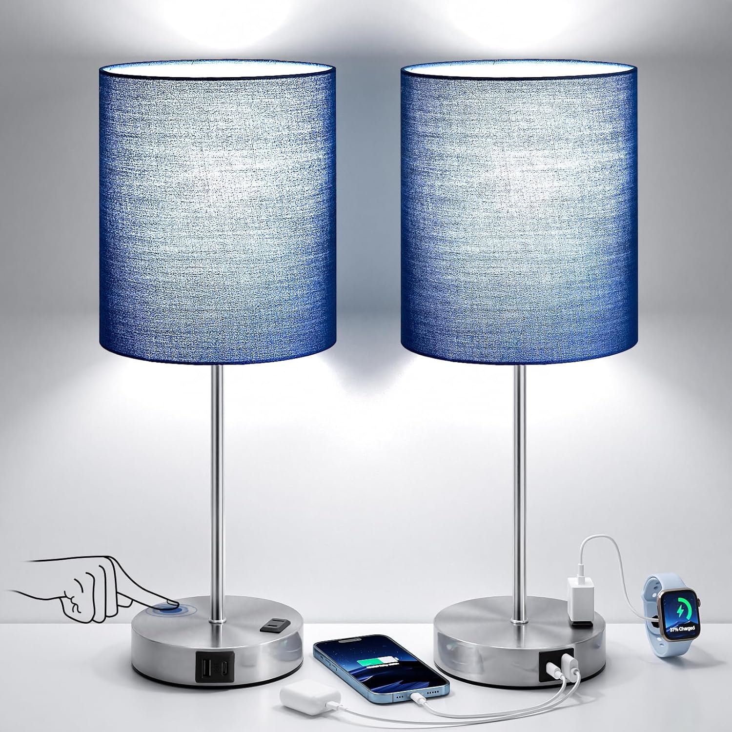 Blue Touch Lamps for Nightstand Set of 2 – Bedside Table Lamp for Bedroom with Dual USB Ports & AC Outlet, 3-Way Dimmable Lamps for Living Room Boys Room, Night Light with 5000K Daylight Bulbs