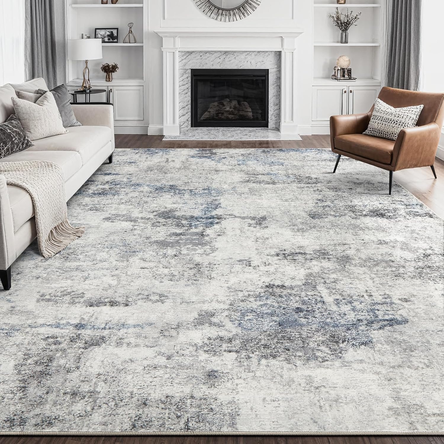 DMOYEST 9×12 Area Rug for Living Room, Washable & Non Slip Large Indoor Carpet, Kid & Pet Friendly Soft Thin Low Pile Abstract Rug for Bedroom and Office – Grey Blue