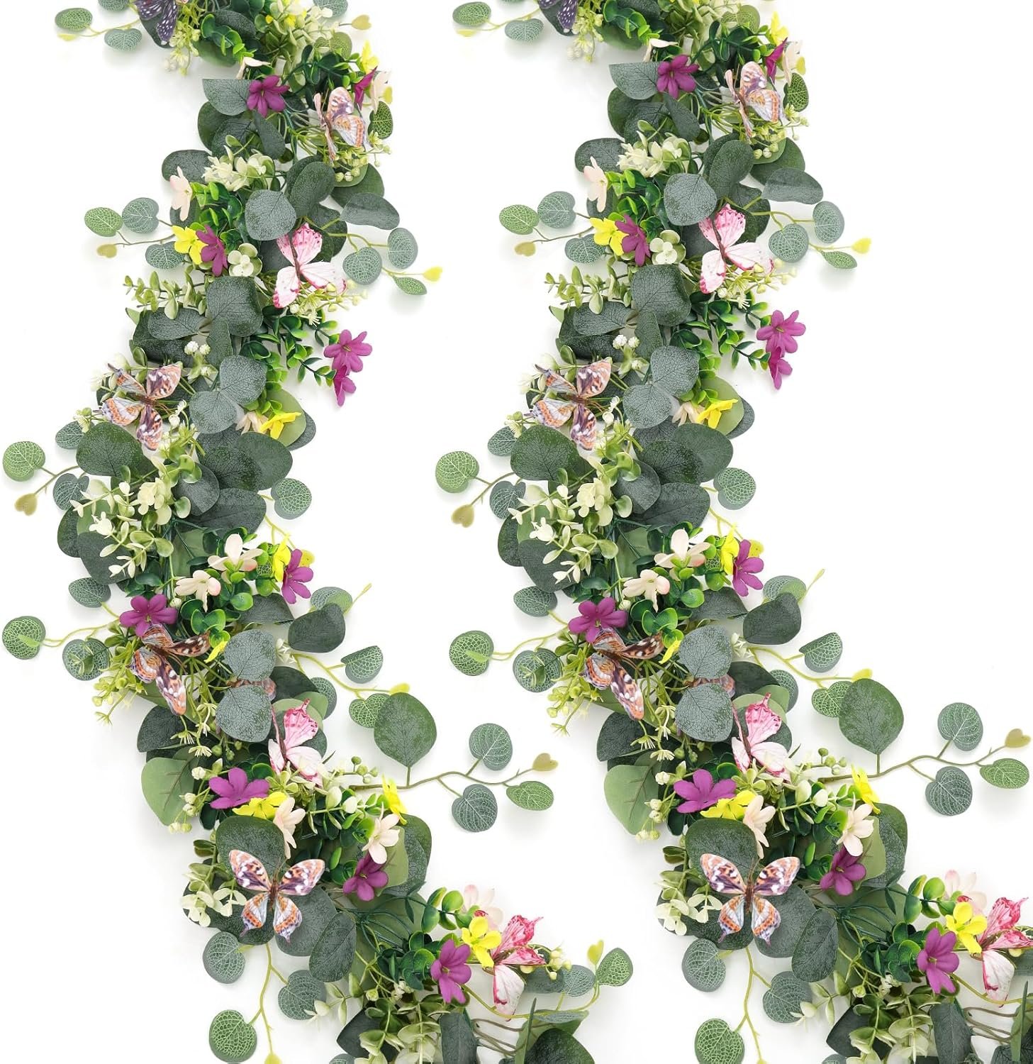 2 Pack 5.68 FT Artificial Daisy Garland with 3D Butterfly, Hanging Fake Flowers Greenery Eucalyptus Garland Floral Vines for Wedding Table Home Room Spring Summer Decor