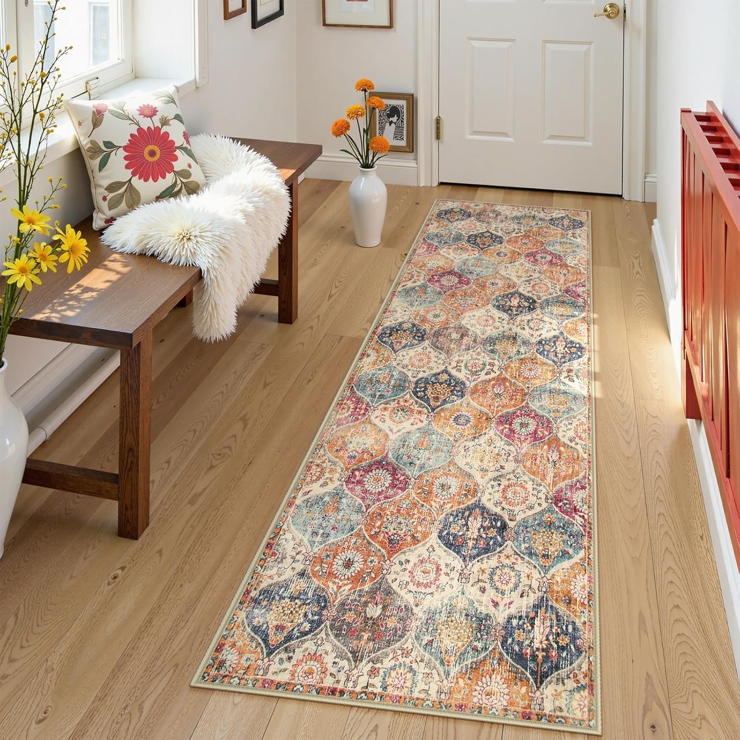 Lahome Moroccan Trellis Washable Runner Rug, 2×6 Kitchen Runners for Hallways 6 Feet Non Slip, Vintage Laundry Room Rug Ultra-Thin Carpet for Bathroom Bedroom Entryway Elise, Cream/Multi