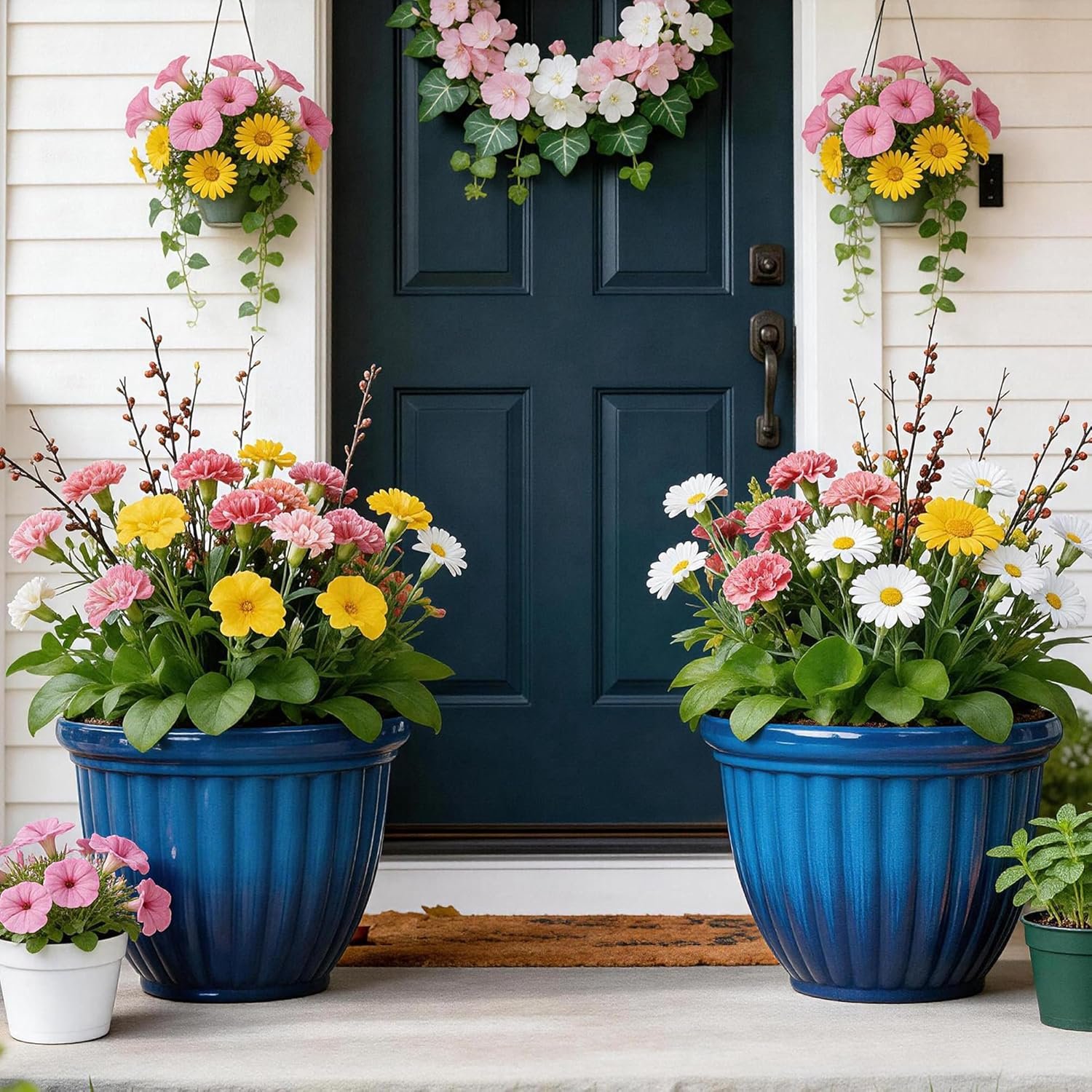 Autodaya 15″ Large Flower Pots Set of 2 Plastic Planters for Outdoor Plants | Plant Pot with 3D Textures, Gradient Cobalt Blue Glaze, Weather-Resistant for Porch, Garden, Patio or Indoor Use